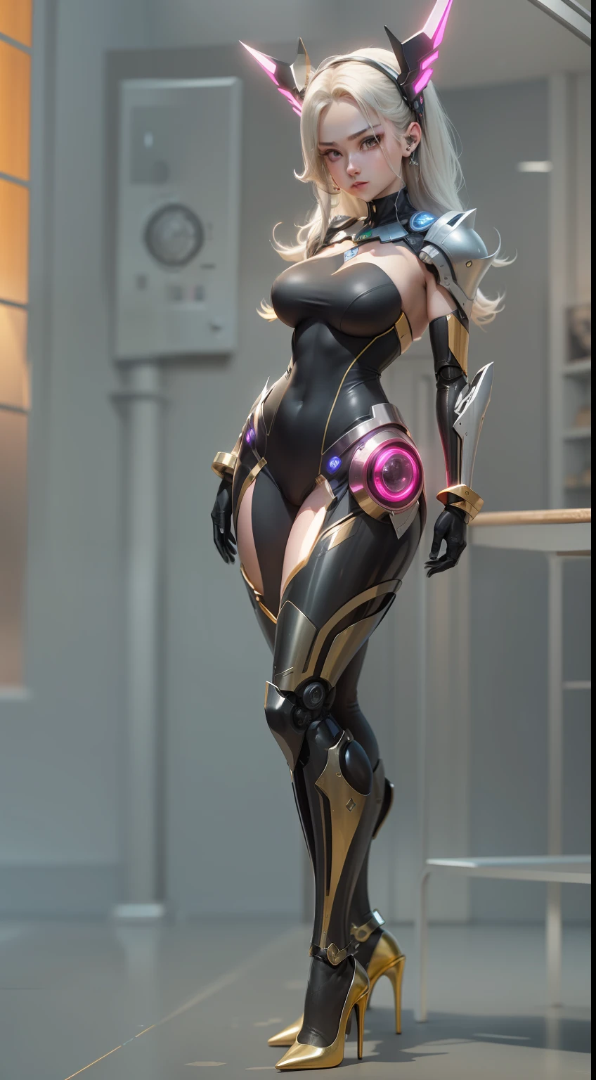female robot,Female synthesizer,future-tech,mechanical sense,Strong metallic texture,Intense metallic luster,huge tit, Big breasts Thin waist, Giant buttocks, Thick thighs,Must be a full-body image, There must be only one person in the whole picture, A pair of high heels must appear in the picture, A pair of legs must appear in the picture, Extra-long gloves must be worn, Extra long socks must be worn, High heels must be worn, It is forbidden to appear men, hearts in eyes, Seductive smile, Crystal earrings, forehead jewel, tahairband, Hairline, offcial art, Ray tracing, From below, Chiaroscuro, Cinematic lighting, High detail, tachi-e, hyper HD, Masterpiece, ccurate, Anatomically correct, Super detail, Textured skin, High details, High quality, Best quality, A high resolution, 16k, hyper HD