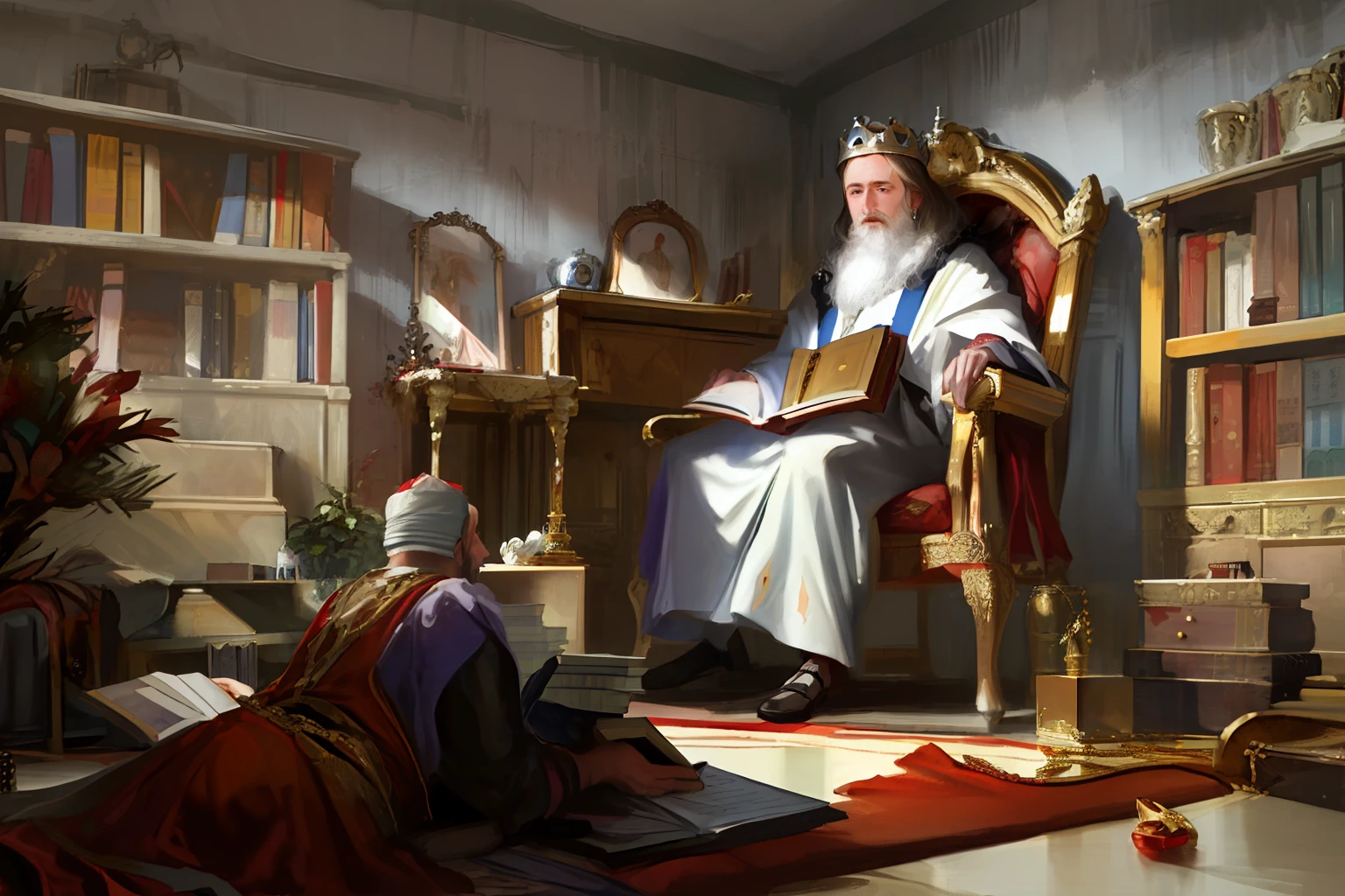 Imagine a realistic portrait of King Solomon opening a book of biblical proverbs