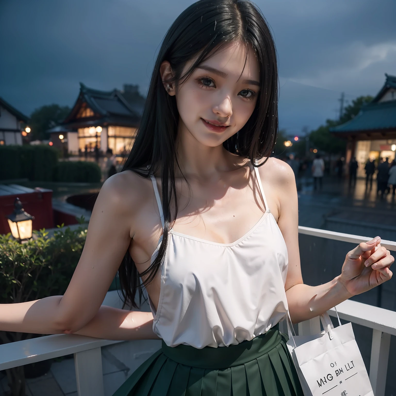 (Bare-chest:0.2) top-quality、超A high resolution、(Photorealsitic:1.4)、(Green Longhair:1.3)、(azur lane\)、1girll、()、nsfw、slenderbody、Behold、cute little、finerly detailed face、Contrapo、Smooth skin、parfect anatomy、White camisole、Pure black pleated skirt、A city scape、natta、Rain wet type、Professional lighting、Shopping mall rooftop café、outside of house、no teeth、japanes、a smile