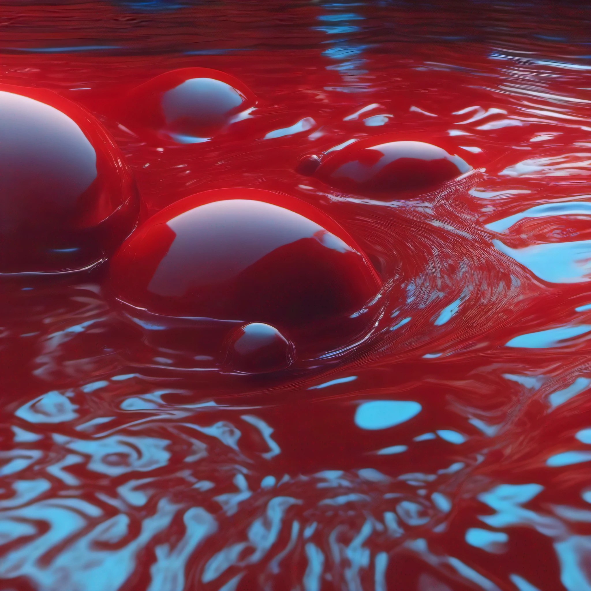red spot of being aquatic red swimming under the surface of cerulean fluorescent water, diffuse red spot under cerulean water, octane render, 3D realista, 3D profesional, cinematography lighting, luz azul oscuro, sombreado realista, textura de agua fluorescente realista, siniestro