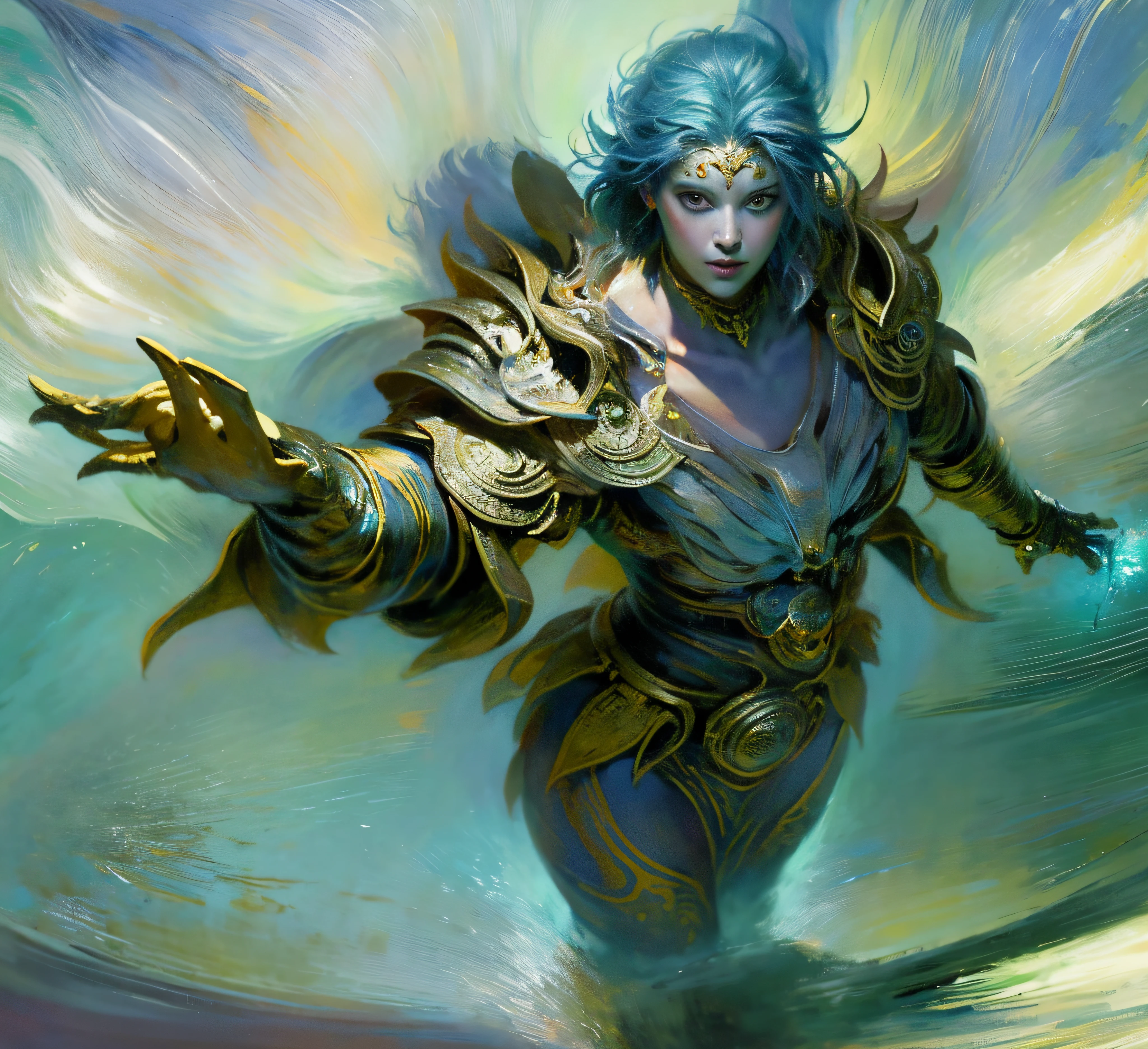 ruanjia，((facing away from the audience))，does not look at the viewer，looking at the distance，Looking down，((ultra-wide-angle))，((From above))，Overlooking，ssee-through，((over distances))，Poseidon，greek myth，Dutch angle，Facing away，Holding a weapon，With a spear，Light blue-green skin，((male people))，((Very short hair))，Short hair，full bodyesbian，Huge pectoral muscles，Muscle contouring，the god of the sea，Inarius flies in the sky in the style of a D14bl0，Blue-green sea，Being in the air，The background sea is huge，There are islands，From above，ssee-through，Depth of field