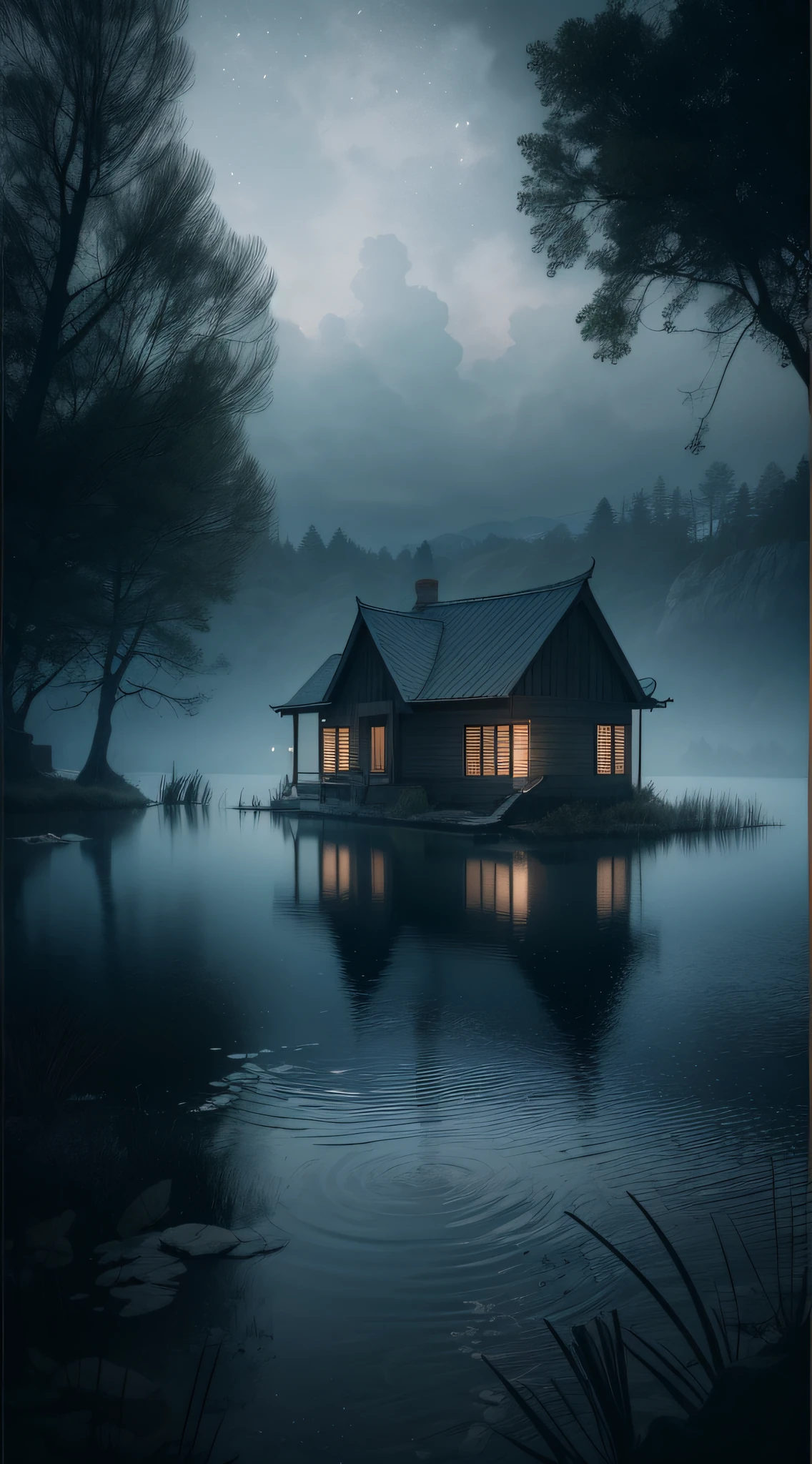 haunted Lake with a small house beside it that is not clearly visible, realistic, cinematic, 8k