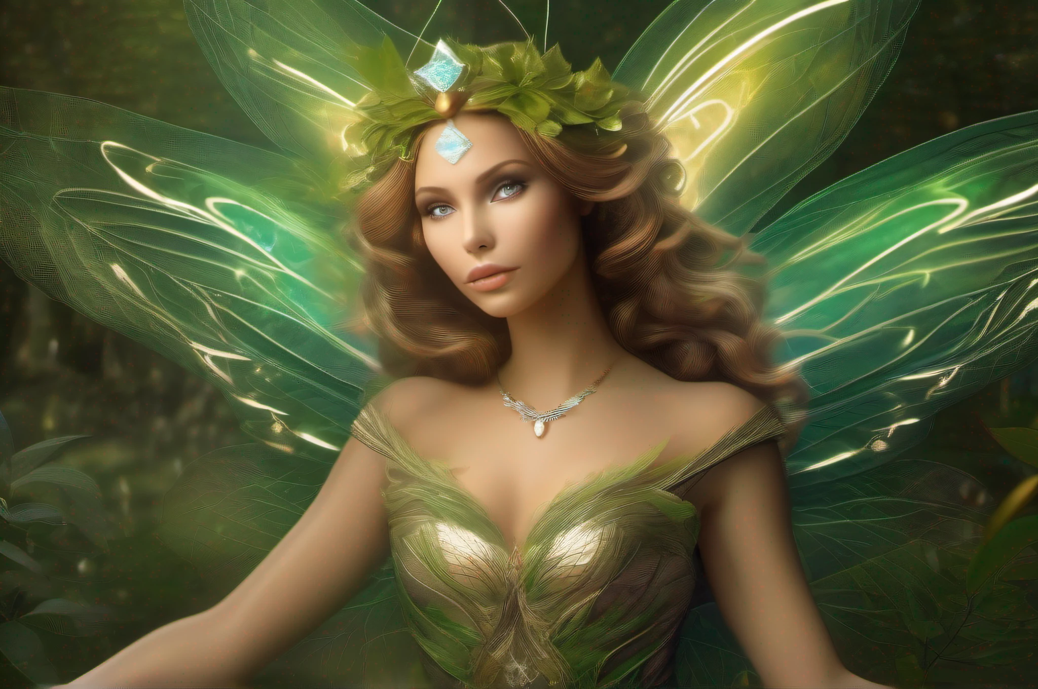 "{ ((Goddess of Tinker Bell)) The Goddess of Tinker Bell is depicted as a powerful and ethereal being with glowing wings, dressed in elegant, flowing attire that reflects the essence of nature. The image should be a digital illustration in a surrealism art style, taking inspiration from renowned fantasy artists like Brian Froud and Alan Lee. The environment should be in a magical outdoor setting with lush greenery and twinkling fairy lights. For lighting, use soft and warm ambient light to enhance the enchanting atmosphere. The camera shot should be a medium shot from a low angle, capturing the Goddess's majestic presence. The resolution should be 8K, with highly detailed render to bring out the intricate beauty of the character and her surroundings. }}"