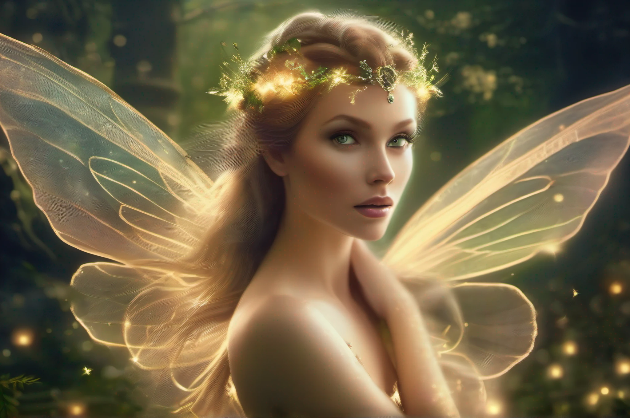 "{ ((Goddess of Tinker Bell)) The Goddess of Tinker Bell is depicted as a powerful and ethereal being with glowing wings, dressed in elegant, flowing attire that reflects the essence of nature. The image should be a digital illustration in a surrealism art style, taking inspiration from renowned fantasy artists like Brian Froud and Alan Lee. The environment should be in a magical outdoor setting with lush greenery and twinkling fairy lights. For lighting, use soft and warm ambient light to enhance the enchanting atmosphere. The camera shot should be a medium shot from a low angle, capturing the Goddess's majestic presence. The resolution should be 8K, with highly detailed render to bring out the intricate beauty of the character and her surroundings. }}"