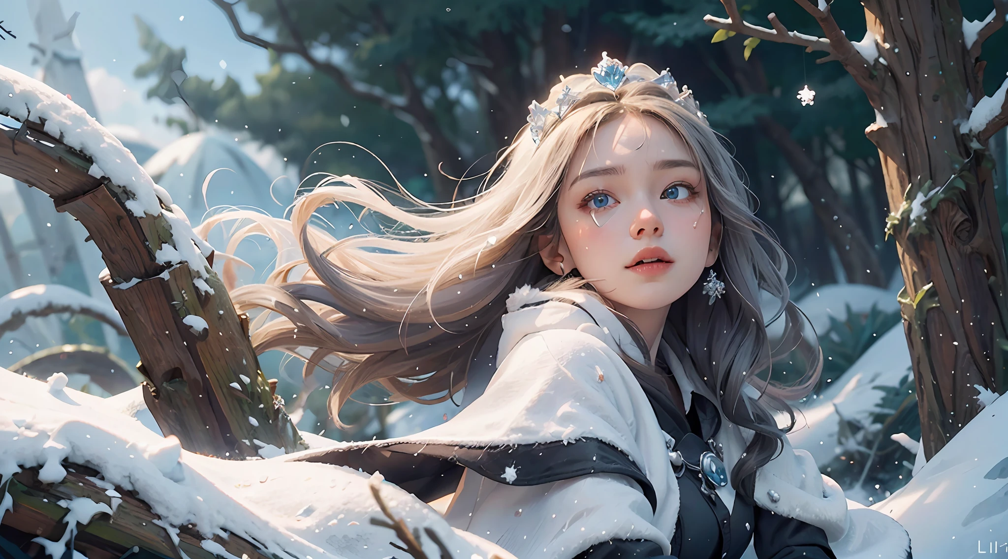 wlop, aeolian, jewelry, woman, queen, white robe, white eyelashes, dyed snow face, cold, frost, color, side light, pointed crown, super detail, depth of field, magic array, white hair, blue eyes, lips, snow, snow magic, white magic, sapphire, ice cap, ice crystal fragments, ice, large area white, incredible, super detail, extremely detail, (high contrast: 1.11), wind, amazing, beautiful detail eyes, messy hair, ( best lighting, extremely delicate and beautiful), ((cinema light)), (from the side: 1.3), 8K, masterpiece, best quality, movie stills, 1girl, floating in the sky, cloud girl, clouds, (close-up: 1.1), bright, happy, fun, soft lighting, (Bauhaus, shapes, lines, abstract: 1.1) official art, Unity 8k wallpaper, super detailed, beautiful and beautiful, masterpiece, best quality, (dynamic angle: 1.4), romantic depth of field exotic_ dance, Perfect NwsjMajic, (Masterpiece, Top Quality, Best Quality, Official Art, Beauty and Aesthetics: 1.2), Extreme Detail, Colorful, Supreme Detail, Snowy landscape, Snowflakes, ice-blue castle, lich, dark robes, glowing eyes, snowdrifts, trees, dramatic and eerie atmosphere