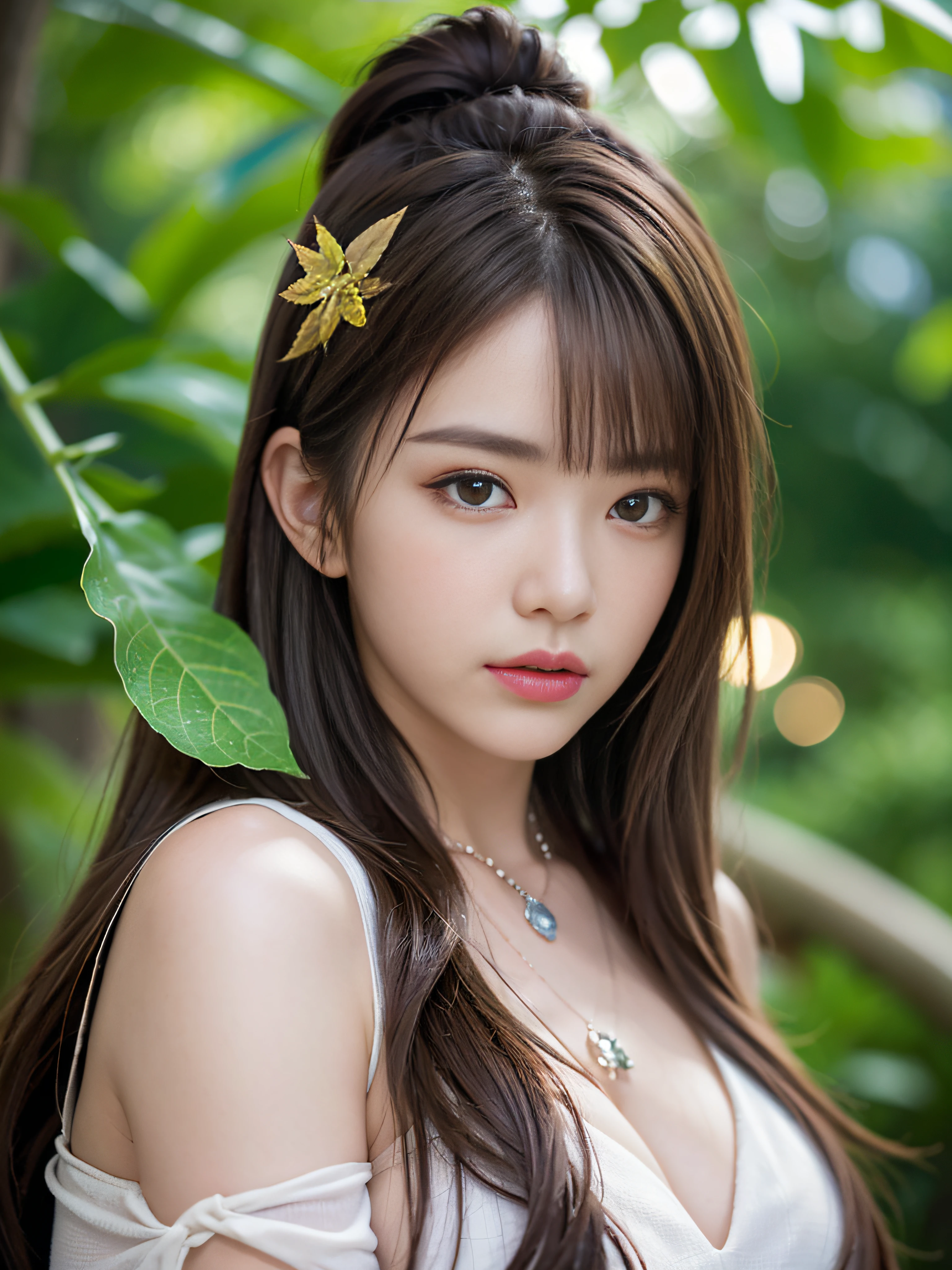 ((Realistic lighting、top-quality、8K、masterpiece:1.3))、Clear focus:1.2、NSFW:1.2,(nudde:1.2)、((realisitic)) , ((Real Light、top-quality))、Model body type:1.4、(dark brown hair、tits out:1.2)、dark-brown eyes、length hair、tropical rainforest、(24 year old:1.3)、hyperdetailed face、A detailed eye、二重まぶた、a necklace、Bracelet、Hair over one eye、high-heels、eye line、falls、Raking up your hair with both hands、Covered with leaves