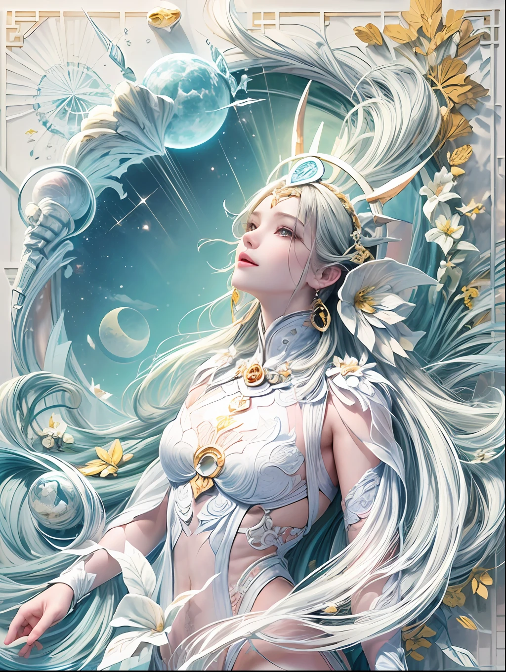 (Graphic illustration:1.4, paper art, Quilted paper art, geomerty),rotational symmetry, (full-body shot:1.4), (Chang'e , moon, halo, exquisite headdress, smile), White background,  (Chinese colors, senior color matching), ( bokeh, Out of Focus, Soft Lighting, movie lighting, God Ray, UHD)