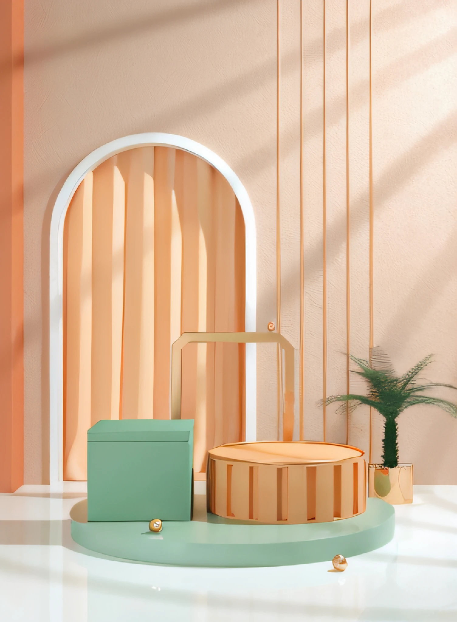 There is a green box and a green box on the table, pastel colourful 3 d, bold pastel colors, modern pastel colours, In pastel colors, orange pastel colors, rich pastel colors, perfect maximalistic composition, Colorful copper brass decoration, muted colors with minimalism, fantastically pastel colors, in style of 3d render, earthy light pastel colours,