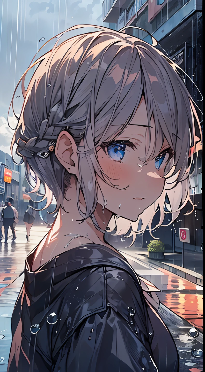 masutepiece, Best Quality,Illustration, Wallpaper, Ultra Detail, absurderes, 1girl in, Solo, (Medium short hair、short braided hair), Beautiful detailed eyes, rainfall、water dripping、wetting hair , Looking to the side, (Street:1.5), Cloudy sky、Bright scenery