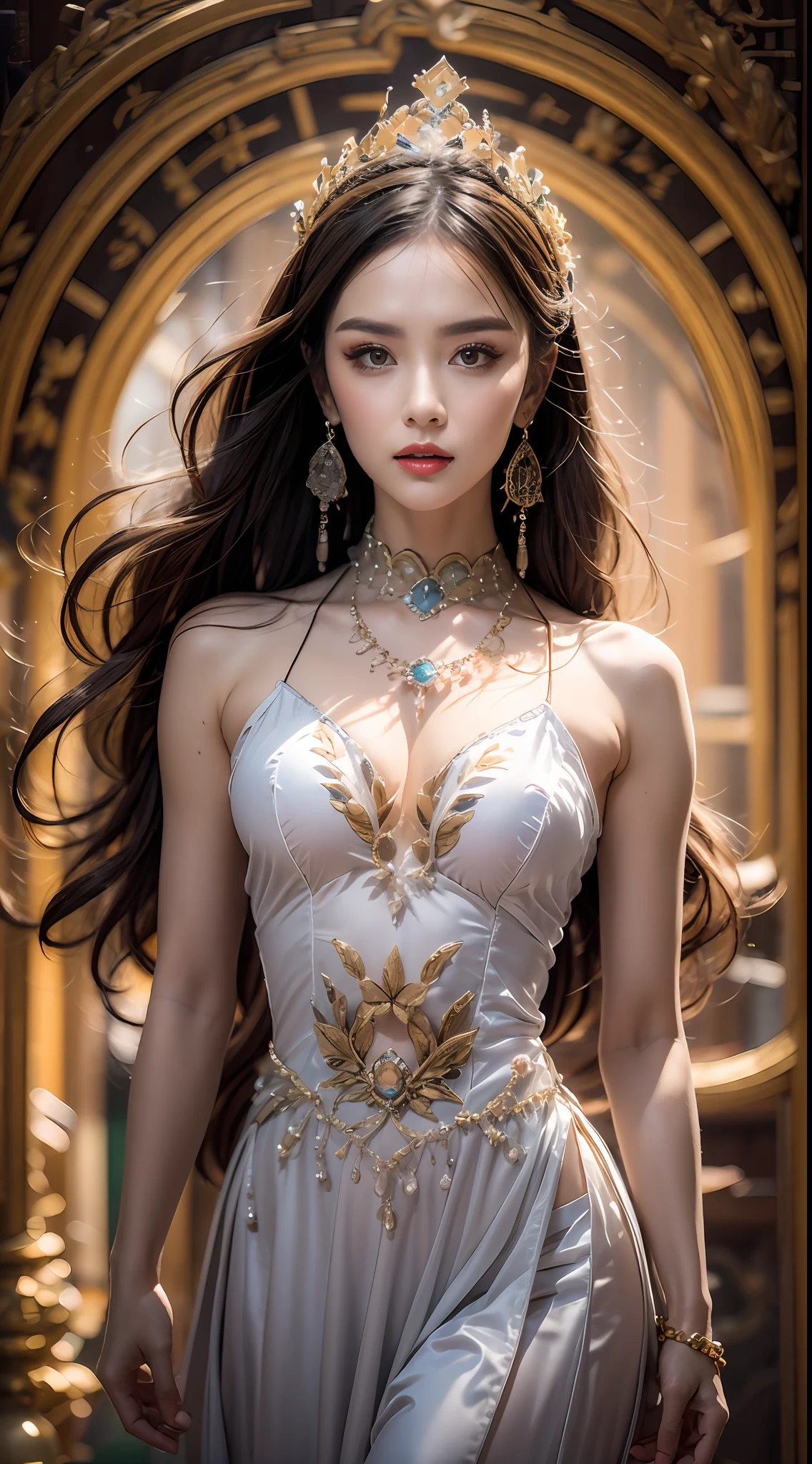 Portrait of a young 20-year-old saint, a saint with a beautiful and super cute face,Wearing a thin red dress with gold edging and glittering and sexy, Ao dai is studded with small sparkling pearls, beautiful cute face, Ao dai with a deep slit in the chest and attractive black and white lace trim, beautiful face without blemishes, shut up, ((long hair seven colors rainbow:1.2)), big crown, hair brooch, hanfu dress, chinese ancient style, full body jewelry, forehead tattoo, The female saint's breasts are round and very full, breast augmentation, innocent face, The most beautiful and detailed light red lipstick, ((Thin plump lips:0.3)), ((Golden eyes:1.2)), The eyes are delicately decorated,(white and detailed) cinematic, light and dark, dramatic lighting, magical light, extremely detailed light, true color, super sharp, realistic, 8k quality, fantasy universe background, saints and magical space, the most detailed images, Solo, a saintess, ((looking directly at the saint's upper body:0.4)), ((smooth skin:0.5)), Extremely detailed pixels, super true, extremely detailed and complex graphics, the highest resolution, close-up portrait,