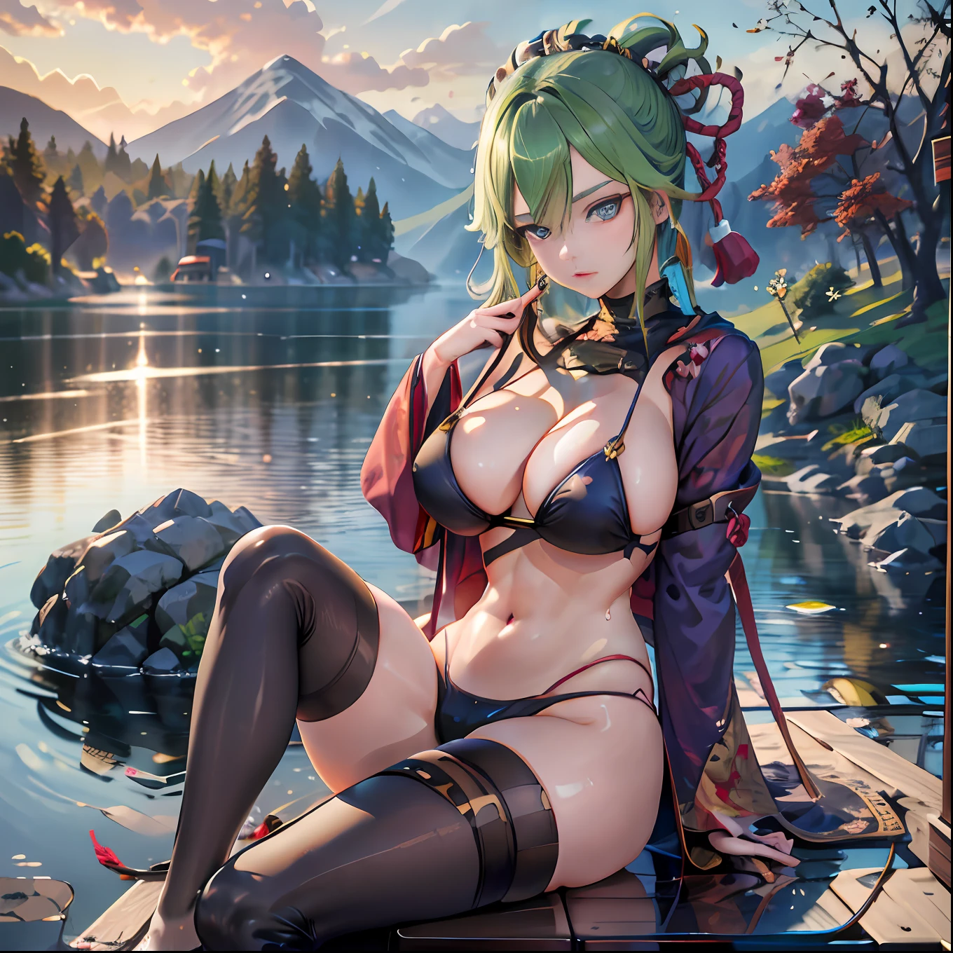 (NSTDA.:1.2), (10, beste-Qualit, master-piece: 1.4), ultra-high resolution, (lifelike, photorealistic portrait: 1.48), 20 age, Cute Girl, (See through the microcolor bikini beetle:1.11), Famous Japanese actors, gigantic breasts, Blue Eyes, Head tilt, cowboy shot, from the side, looking at the audience, expressionless, Beautiful lake, Zeiss 150mm F/ 2.8 Hasselblad, In Japanese shrines, Whole body, foot, Ultra-Wide Angle