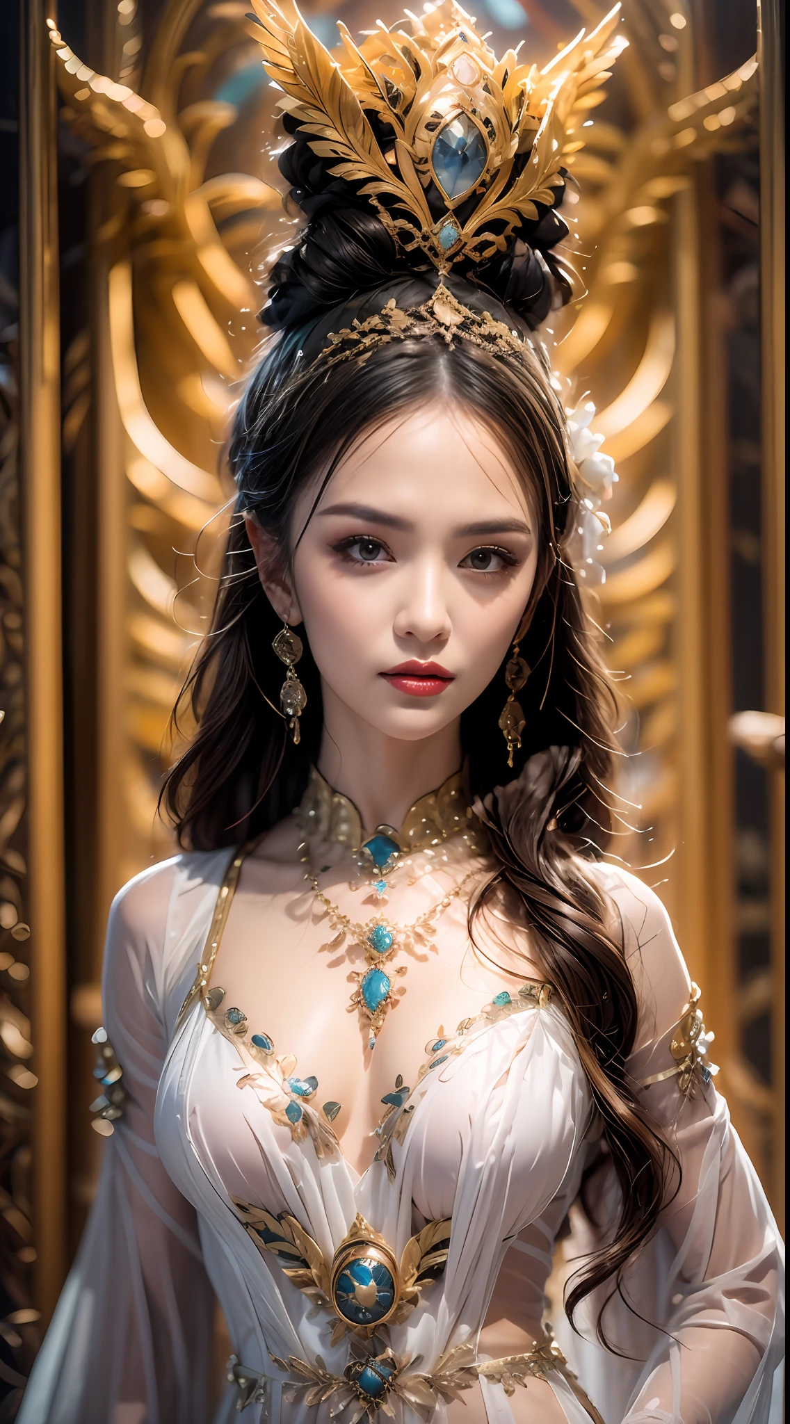 Portrait of a young 20-year-old saint, a saint with a beautiful and super cute face,Wearing a thin red dress with gold edging and glittering and sexy, Ao dai is studded with small sparkling pearls, beautiful cute face, Ao dai with a deep slit in the chest and attractive black and white lace trim, beautiful face without blemishes, shut up, ((long hair seven colors rainbow:1.2)), big crown, hair brooch, hanfu dress, chinese ancient style, full body jewelry, forehead tattoo, The female saint's breasts are round and very full, breast augmentation, innocent face, The most beautiful and detailed light red lipstick, ((Thin plump lips:0.3)), ((Golden eyes:1.2)), The eyes are delicately decorated,(white and detailed) cinematic, light and dark, dramatic lighting, magical light, extremely detailed light, true color, super sharp, realistic, 8k quality, fantasy universe background, saints and magical space, the most detailed images, Solo, a saintess, ((looking directly at the saint's upper body:0.4)), ((smooth skin:0.5)), Extremely detailed pixels, super true, extremely detailed and complex graphics, the highest resolution, close-up portrait,