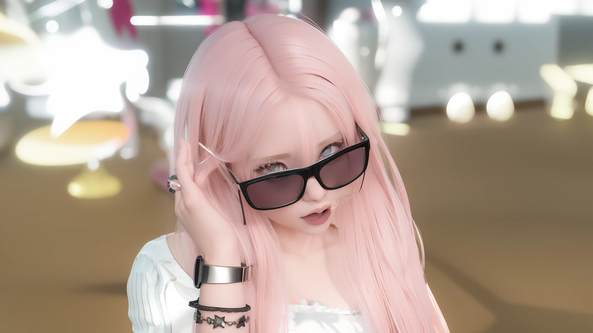 On a mobile phone, Woman with pink hair and sunglasses, Avatar of the second life, Secondary life, Hair lblsck, !!Wearing modern glasses!!, IMVU, pink fine hair, with pink hair, with sunglass, pink twintail hair and cyan eyes, pink hair, with sunglass, rose-colored glasses, * Color splash *, pink straight hair, based on Sim Syon, anime girl, beutiful, elegant, looking at you, illustration in the style of Gouveiza, мягкий 3D-рендер, 3D anime styling, loli, photorealistic anime girl render, render of a cute 3d anime girl, 2b, 2 b, [ 4 k фотореализм ]!!