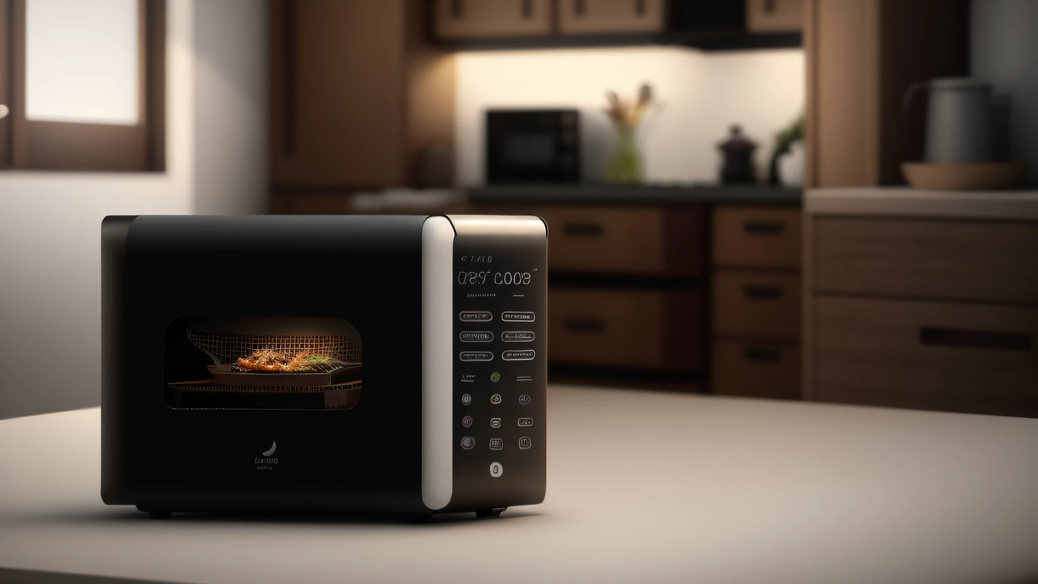 Air fryer placed on the table,Interior design of modern style, Realistic, Photorealistic, 8K, strong light on meeting table,Chiaroscuro, hyper HD, Best picture quality ,realisticlying,Foto realism,cupboard,Lens perspective blur,Bright lights,Realistic lighting,dark kitchen