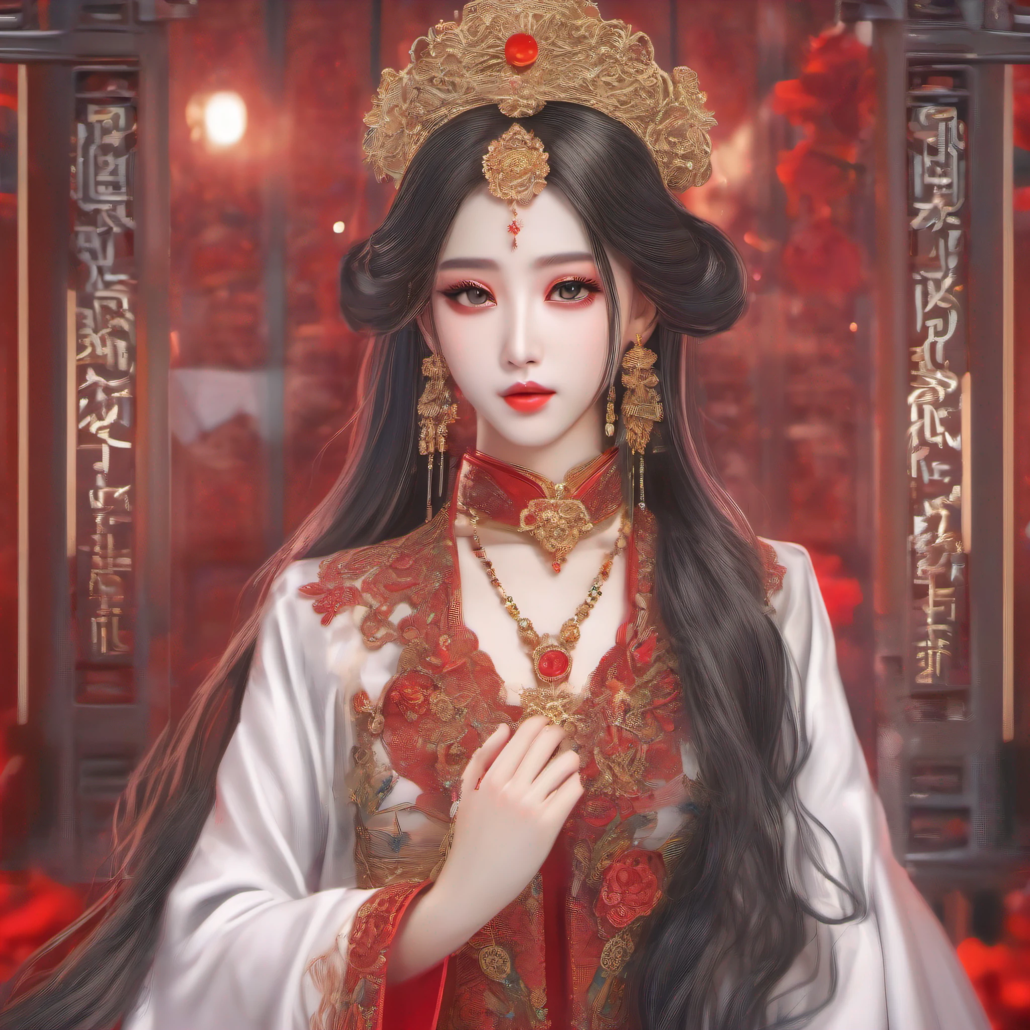 Portrait of a young 20-year-old saint, a saint with a beautiful and super cute face,Wearing a thin red dress with gold edging and glittering and sexy, Ao dai is studded with small sparkling pearls, beautiful cute face, Chinese cute doll, Ao dai with a deep slit in the chest and attractive black and white lace trim, beautiful face without blemishes, shut up, ((long hair seven colors rainbow:1.2)), big crown, hair brooch, hanfu dress, chinese ancient style, full body jewelry, forehead tattoo, The female saint's breasts are round and very full, breast augmentation, innocent face, The most beautiful and detailed light red lipstick, ((Thin plump lips:0.3)), ((Golden eyes:1.2)), The eyes are delicately decorated,(white and detailed) cinematic, light and dark, dramatic lighting, magical light, extremely detailed light, true color, super sharp, realistic, 8k quality, fantasy universe background, saints and magical space, the most detailed images, Solo, a saintess, ((looking directly at the saint's upper body:0.4)), ((smooth skin:0.5)), Extremely detailed pixels, super true, extremely detailed and complex graphics, the highest resolution, close-up portrait,