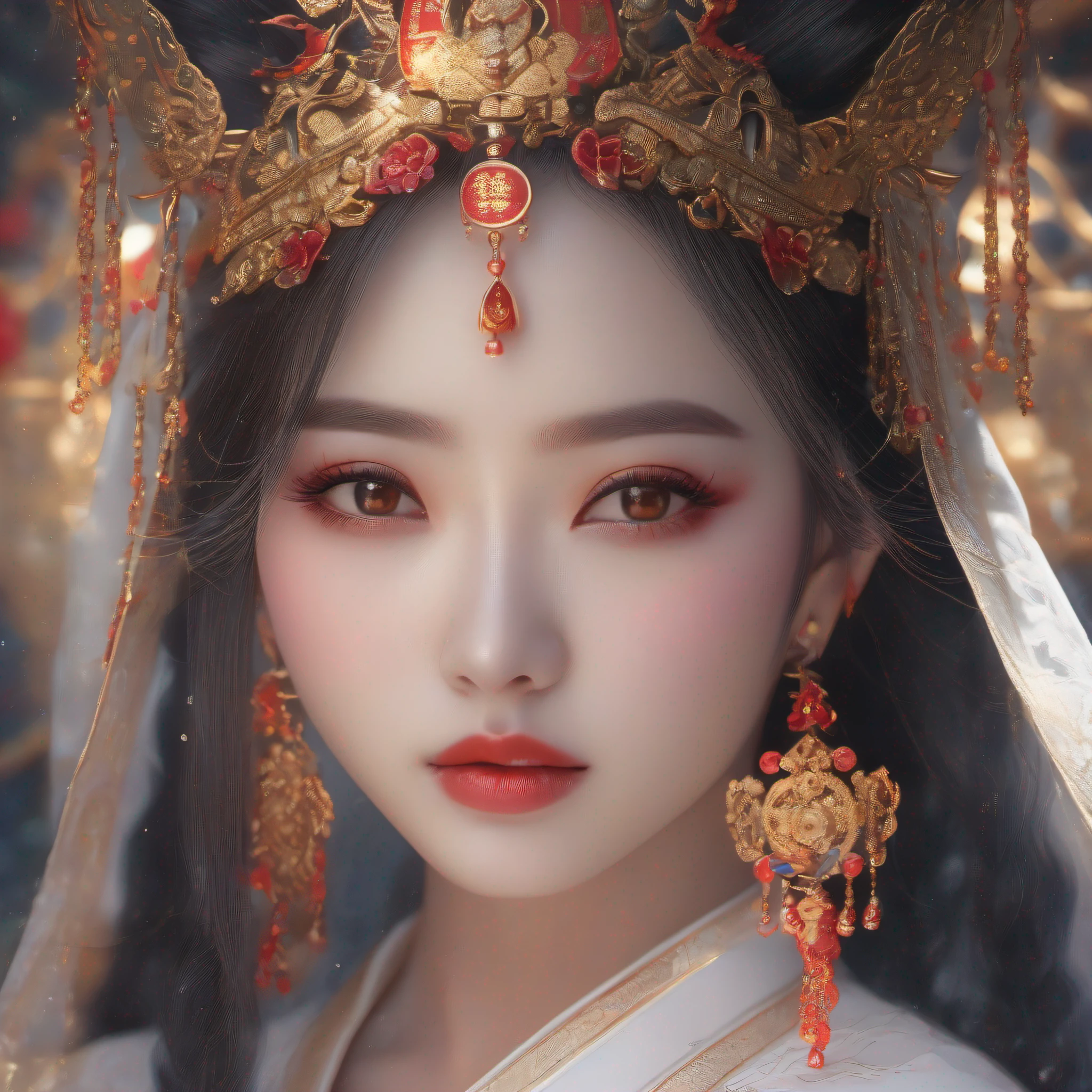 Portrait of a young 20-year-old saint, a saint with a beautiful and super cute face,Wearing a thin red dress with gold edging and glittering and sexy, Ao dai is studded with small sparkling pearls, beautiful cute face, Chinese cute doll, Ao dai with a deep slit in the chest and attractive black and white lace trim, beautiful face without blemishes, shut up, ((long hair seven colors rainbow:1.2)), big crown, hair brooch, hanfu dress, chinese ancient style, full body jewelry, forehead tattoo, The female saint's breasts are round and very full, breast augmentation, innocent face, The most beautiful and detailed light red lipstick, ((Thin plump lips:0.3)), ((Golden eyes:1.2)), The eyes are delicately decorated,(white and detailed) cinematic, light and dark, dramatic lighting, magical light, extremely detailed light, true color, super sharp, realistic, 8k quality, fantasy universe background, saints and magical space, the most detailed images, Solo, a saintess, ((looking directly at the saint's upper body:0.4)), ((smooth skin:0.5)), Extremely detailed pixels, super true, extremely detailed and complex graphics, the highest resolution, close-up portrait,