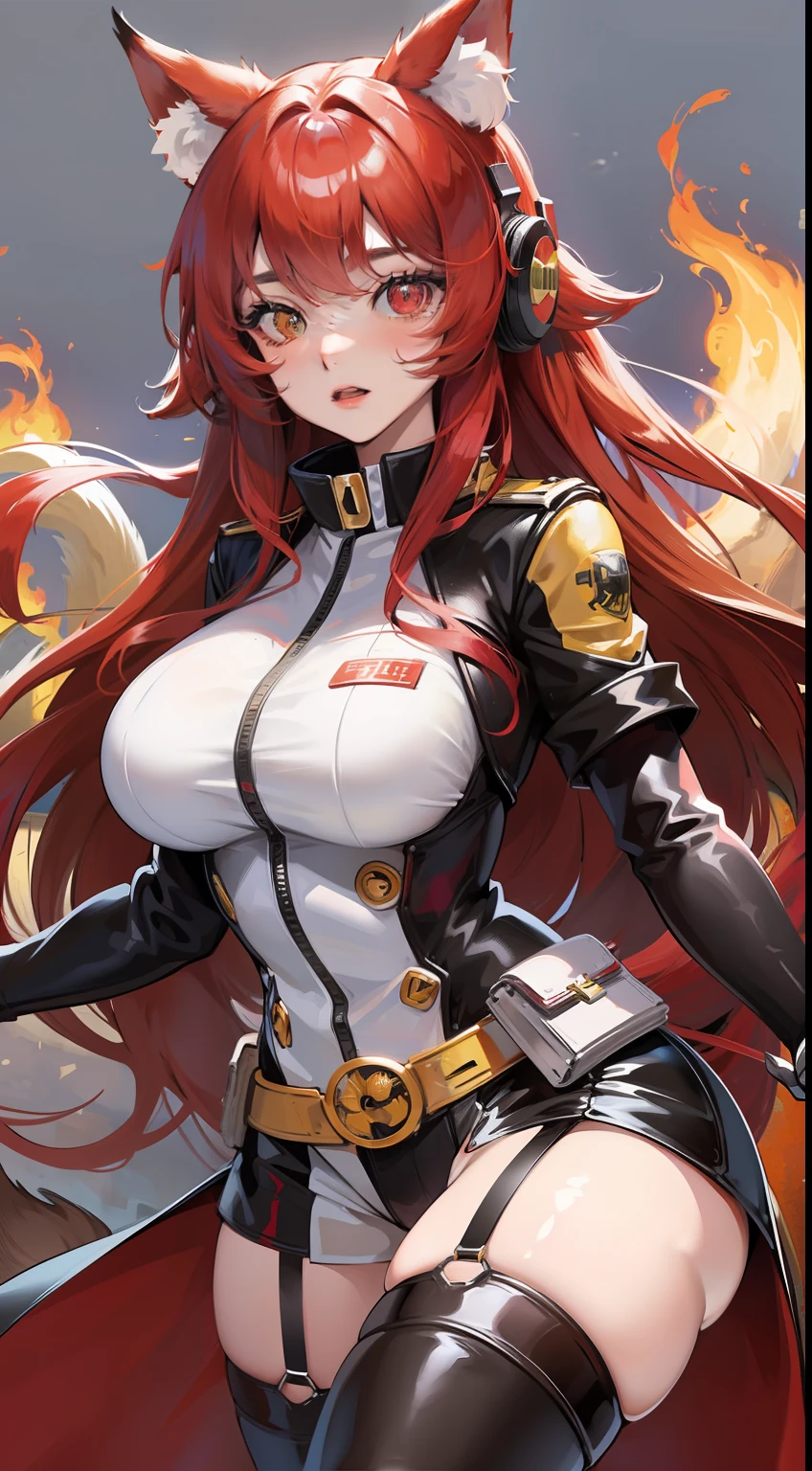 Adult woman, long red curly hair, Heterochromia, red and yellow eyes, fox ears and tails, Superhero Uniform Red, open thighs, fire, Masterpiece, hiquality