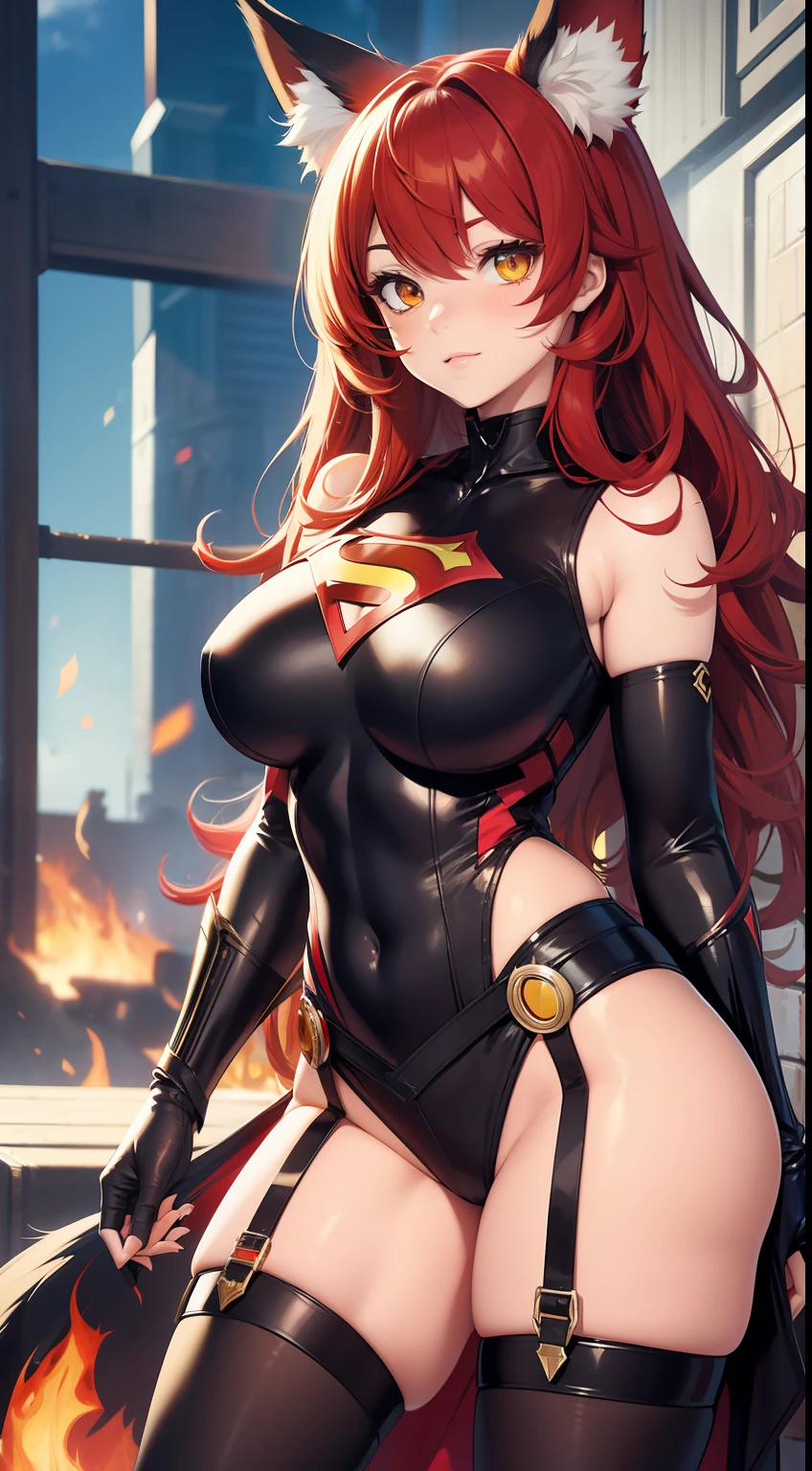 Adult woman, long red curly hair, Heterochromia, red and yellow eyes, fox ears and tails, Superhero Uniform Red, open thighs, fire, Masterpiece, hiquality