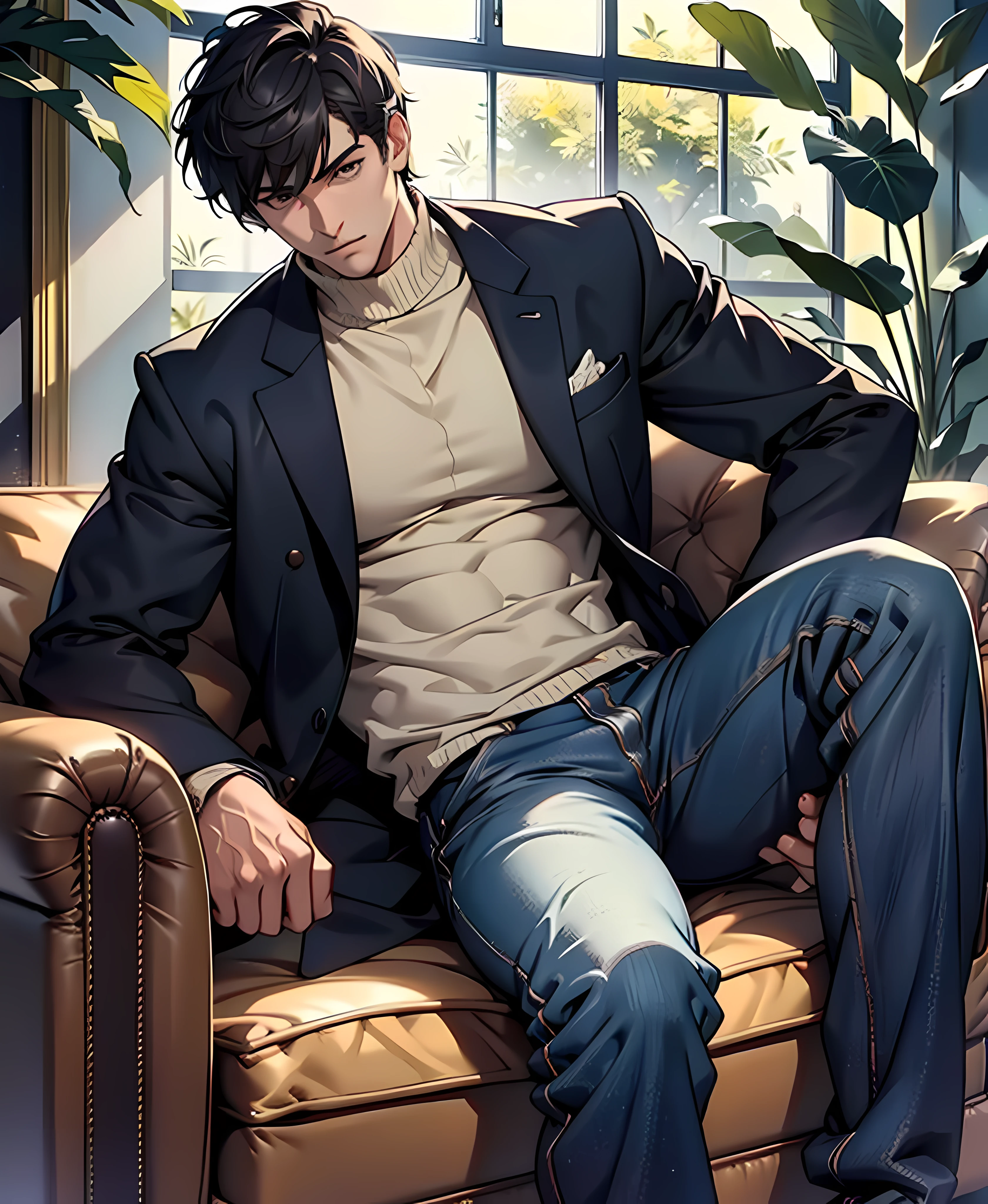 tall muscular,Style image of man sitting on sofa, male people、Adults、a handsome、tall muscular man、broad shoulder、Detailed eyes and detailed face、top-quality, masterpiece, hight resolution, Male Focus、coat、sit on sofa、Mystical lighting、Ethereal Atmosphere、dressed casually, jaket、JINS、closed clothes、natural soft light、darker shadows、Living Loo、Move ki、Refreshing、short-haired、White turtleneck、adjacent、Across、Cool、Look to the side、jeans、