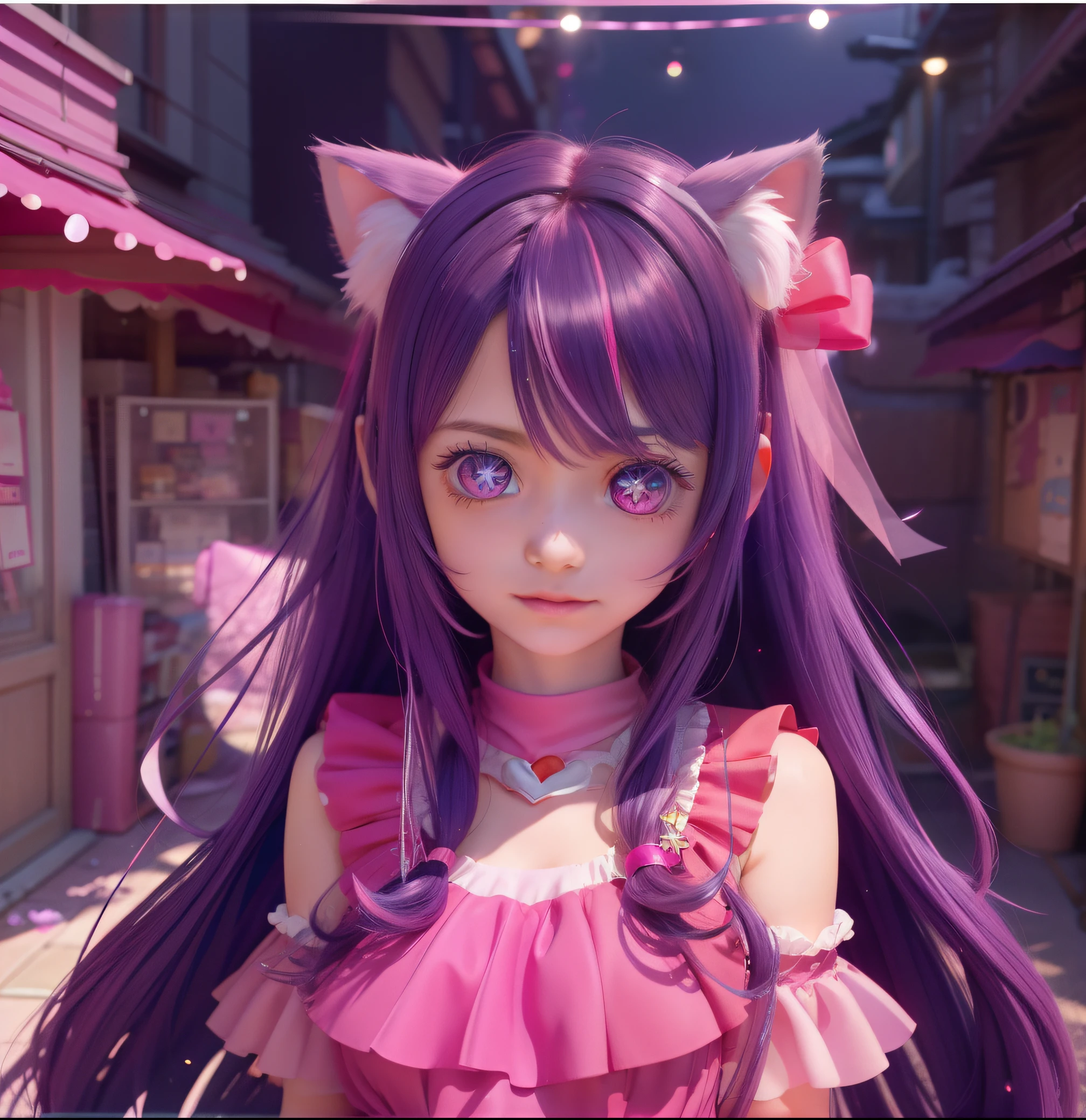 Masterpiece, Best quality, Ultra-detailed,Solo, Star Love,Pink gloves, hair adornments, Purple eyes, Light purple hair,Anime girl in pink dress,Has cat ears and tail, anime visual of a cute girl, 8K, high detailed official artwork,