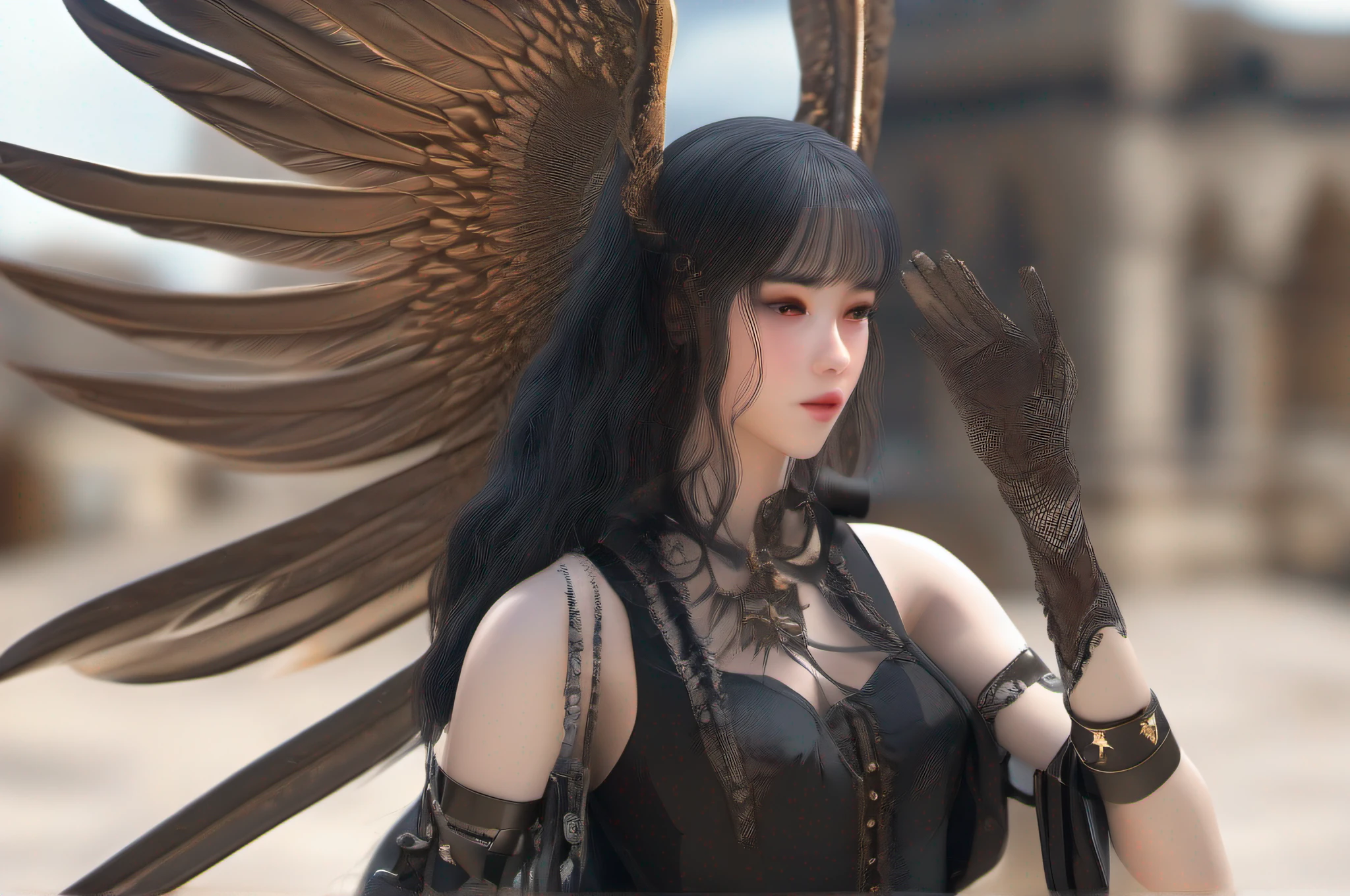 (a woman with wings on her body and a black dress), (hand well), (finger well), (long braided hair), (bangs), funky pose, with in frame, ultra-detailed, 8k, masterpiece, (volumetric lighting), beautiful detailed eyes, (ambient light), realistic shadows, (fullbody:1), (1girl), (cowboy shot), looking at viewer, perfect body, body well:1, leg well:1, arm well:1