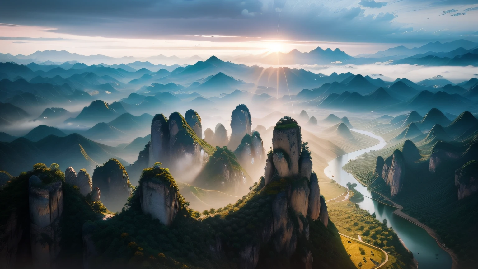Alafid landscape of valleys with mountains and rivers, cinematic morning light, dramatic morning light, “ aerial view of a mountain, Chinese landscape, morningglow, natural morning light, karst landscape, the morning sun, hard morning light, radiant morning light, zhangjiajie in early morning, dreamy Chinese towns, morning lighting, light coming from above