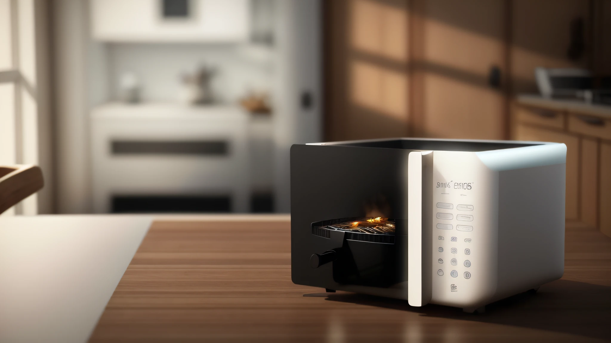 Air fryer placed on the table,Interior design of modern style, Realistic, Photorealistic, 8K, strong light on meeting table,Chiaroscuro, hyper HD, Best picture quality ,realisticlying,Foto realism,cupboard,Lens perspective blur,Bright lights,Realistic lighting,dark kitchen