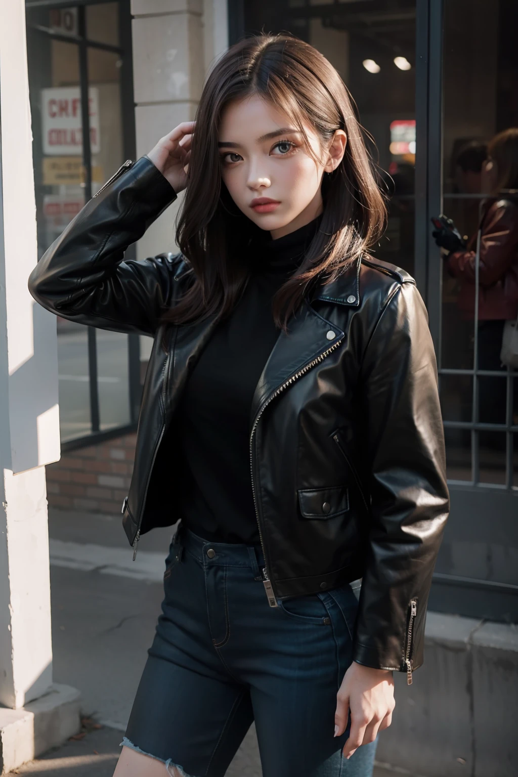 Hairstyling model, leather jacket, girl, shooting studio