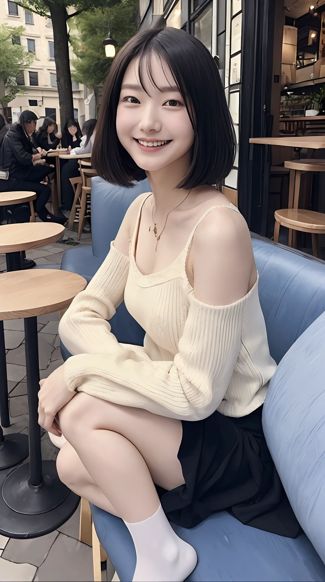 8K UHD、Digital SLR、film grains、FujifilmXT3、(top-quality:1.3)、(masterpiece:1.1)、hight resolution、Cinematic light、intricate detailes、(Photorealsitic)、outside、Beautiful outside、Sunny、
japanaese girl、(cafes:1.5)、dimples、bob cuts、Look at viewers、detailed trees、bow ribbon、a bow tie、bare shoulders、onepiece、head rest、sitting on、inside the house、
a necklace、black pantyhose、sheet transportation sweater、(a smile)、(full bodyesbian:1.6)、A slender、