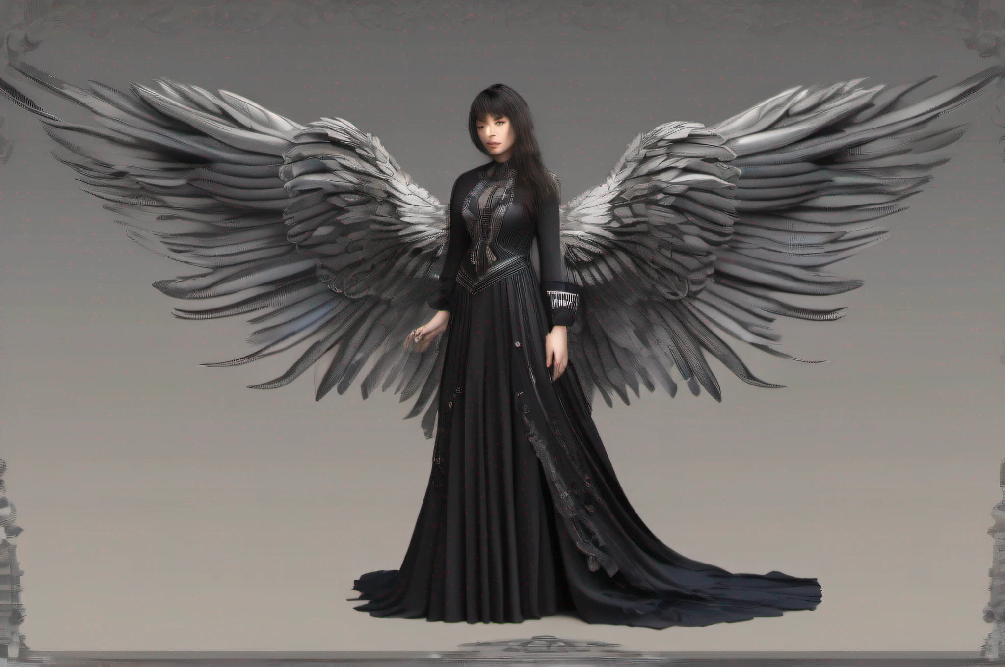 (a woman with wings on her body and a black dress), (hand well), (finger well), (long braided hair), (bangs), funky pose, with in frame, ultra-detailed, 8k, masterpiece, (volumetric lighting), beautiful detailed eyes, (ambient light), realistic shadows, (fullbody:1), (1girl), (cowboy shot), looking at viewer, perfect body, body well:1, leg well:1, arm well:1