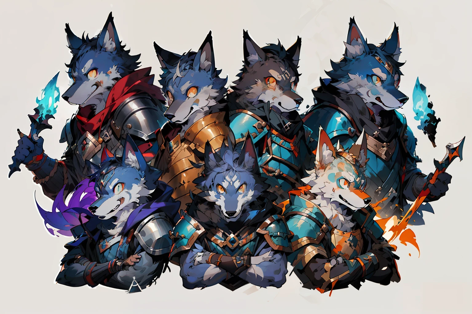 a close up of a group of four different colored characters, wolf armor, coriolios rpg art style, high quality dnd illustration, high detailed official artwork, dnd fantsay art, epic fantasy art style, very very beautiful furry art, character splash art, detailed game art, detailed full body concept art, full character concept art, official character art