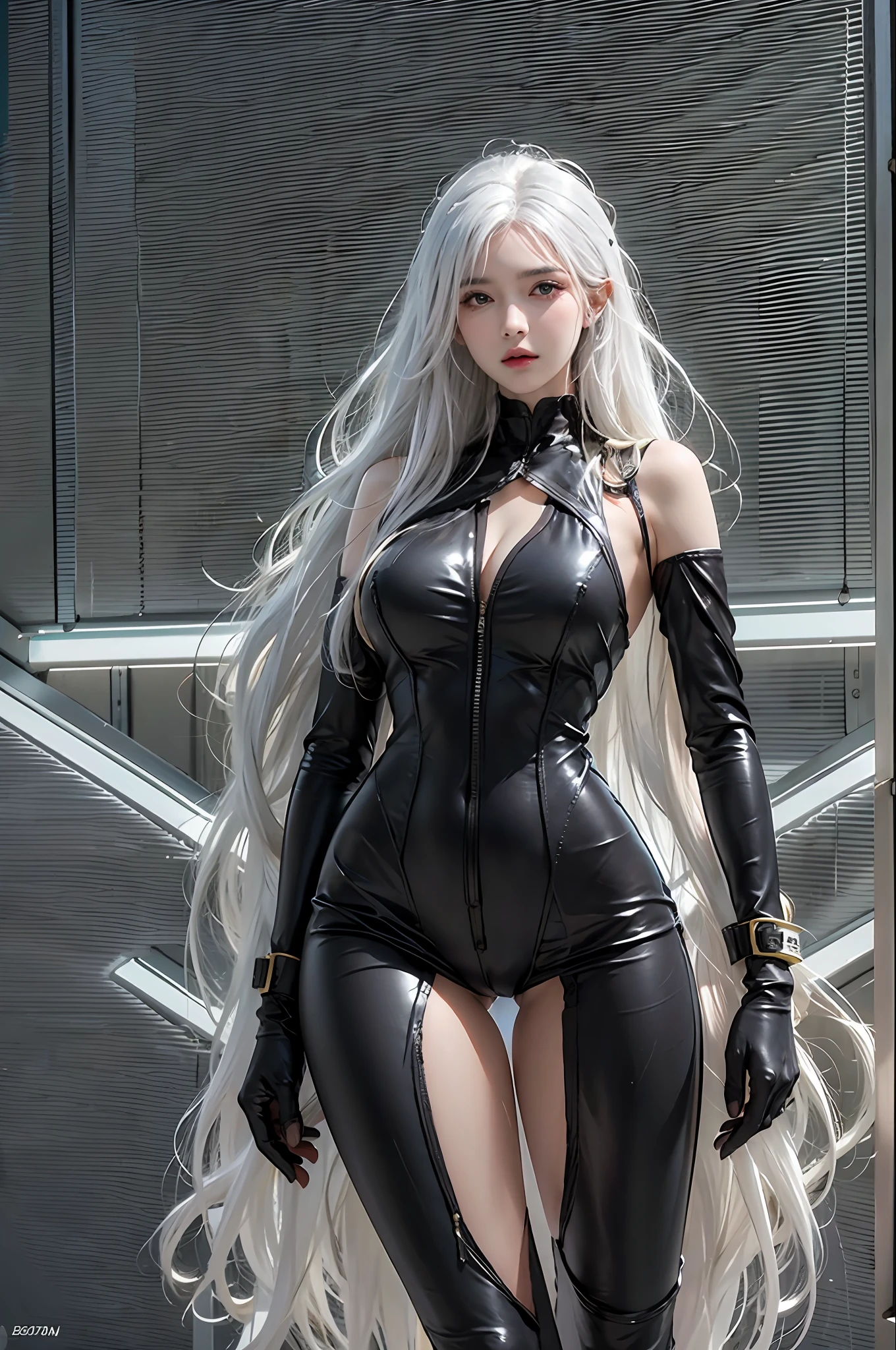 photorealistic, high resolution, 1women, solo, hips up, look at viewer, (detailed face), white hair, long hair, bdsm bodysuit, black bodysuit