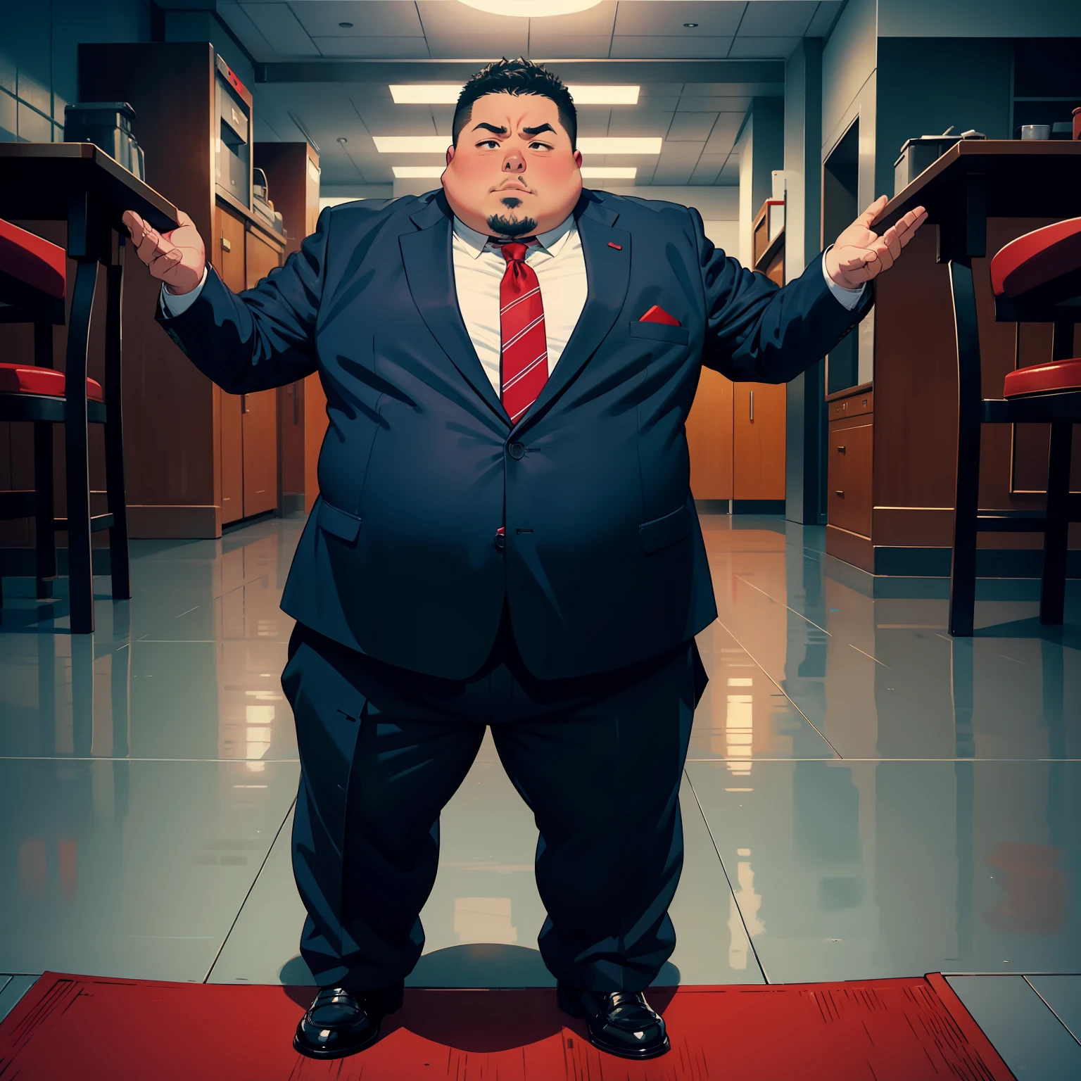 1 little fat man of 30 years old，Wear a bank suit，A respectful expression，bowing，The expression is nervous，Reddish
