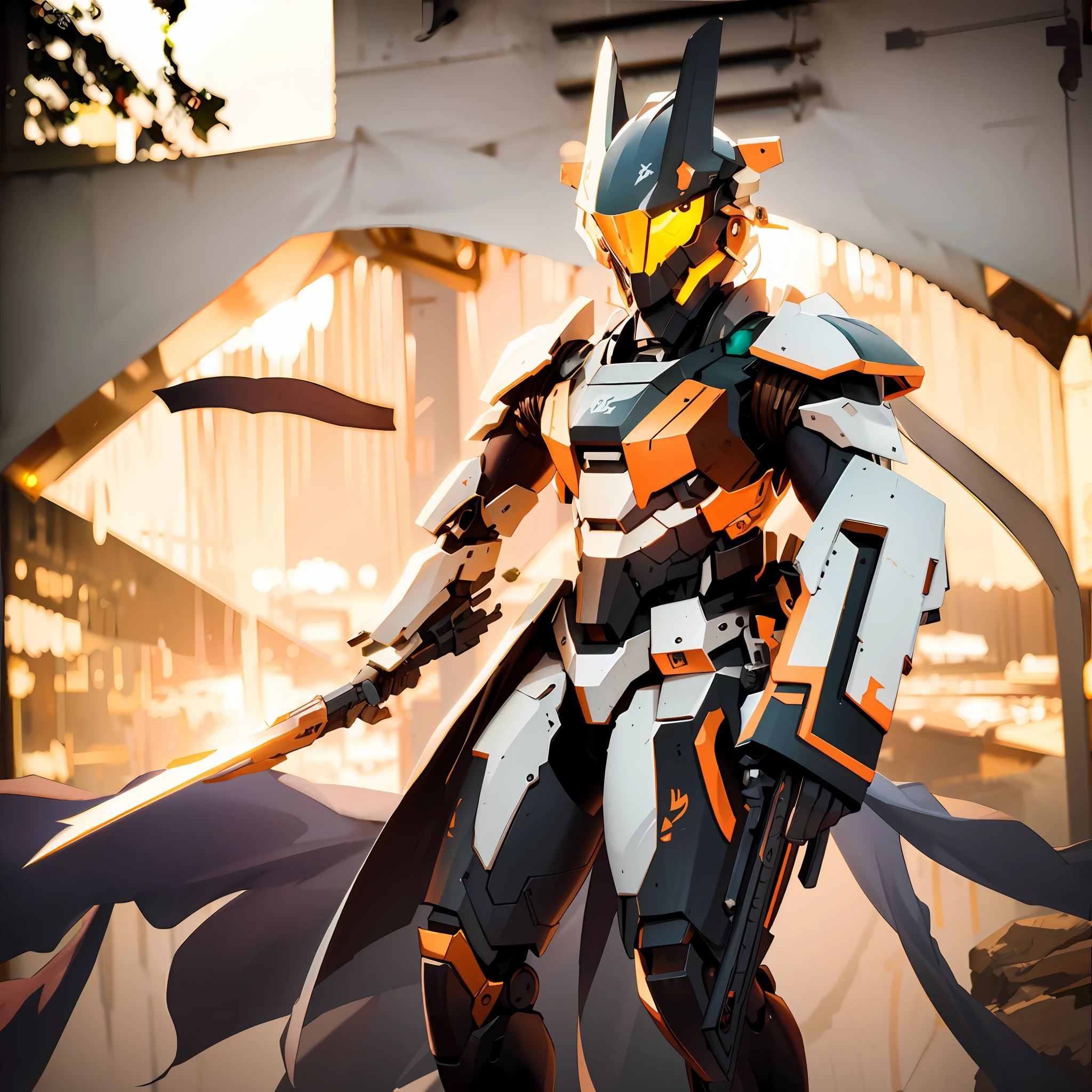 Sword-wielding standing mech warrior,Metal cape