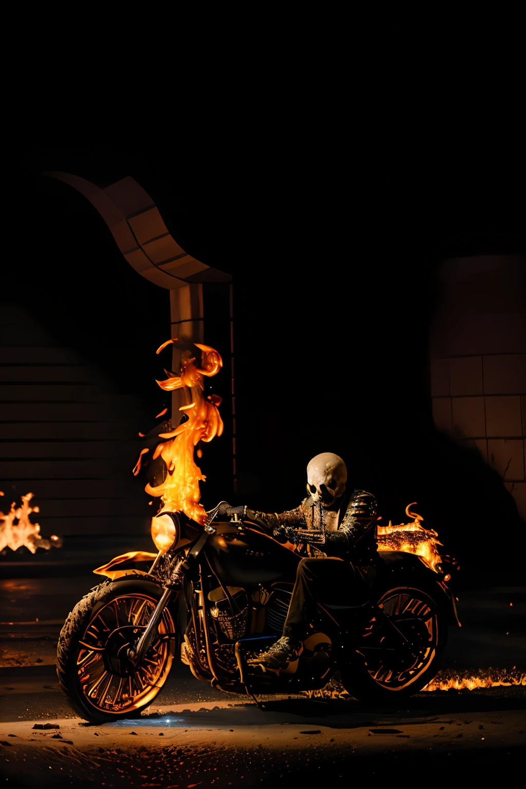 An epic action movie，Ghost Rider with a flaming skull，Stud-encrusted leather jacket，chain，Sit on the（（Motorcycle with glowing orange wheels））Curly，racing down a dark city street，A litany of fires was left behind。
1人，spark of light，ember，A high resolution，A high resolution，Sharp focus，the detail，cinematic ligh，Artistic shadows，HDR。