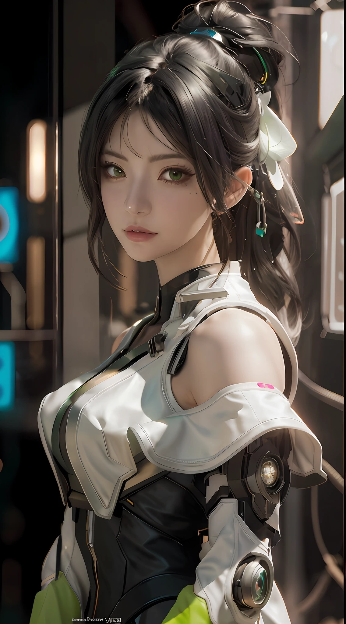 Anime - Style woman with green gloves and white dress, Beautiful digital artwork, trending on cgstation, cyberpunk anime girl, portrait anime space cadet girl, photorealistic anime girl rendering, dreamy cyberpunk girl, Smooth anime CG art, Guviz-style artwork, Digital cyberpunk anime art, perfect android girl, Cute cyborg girl, Fanart Meilleure ArtStation，Shaoyi