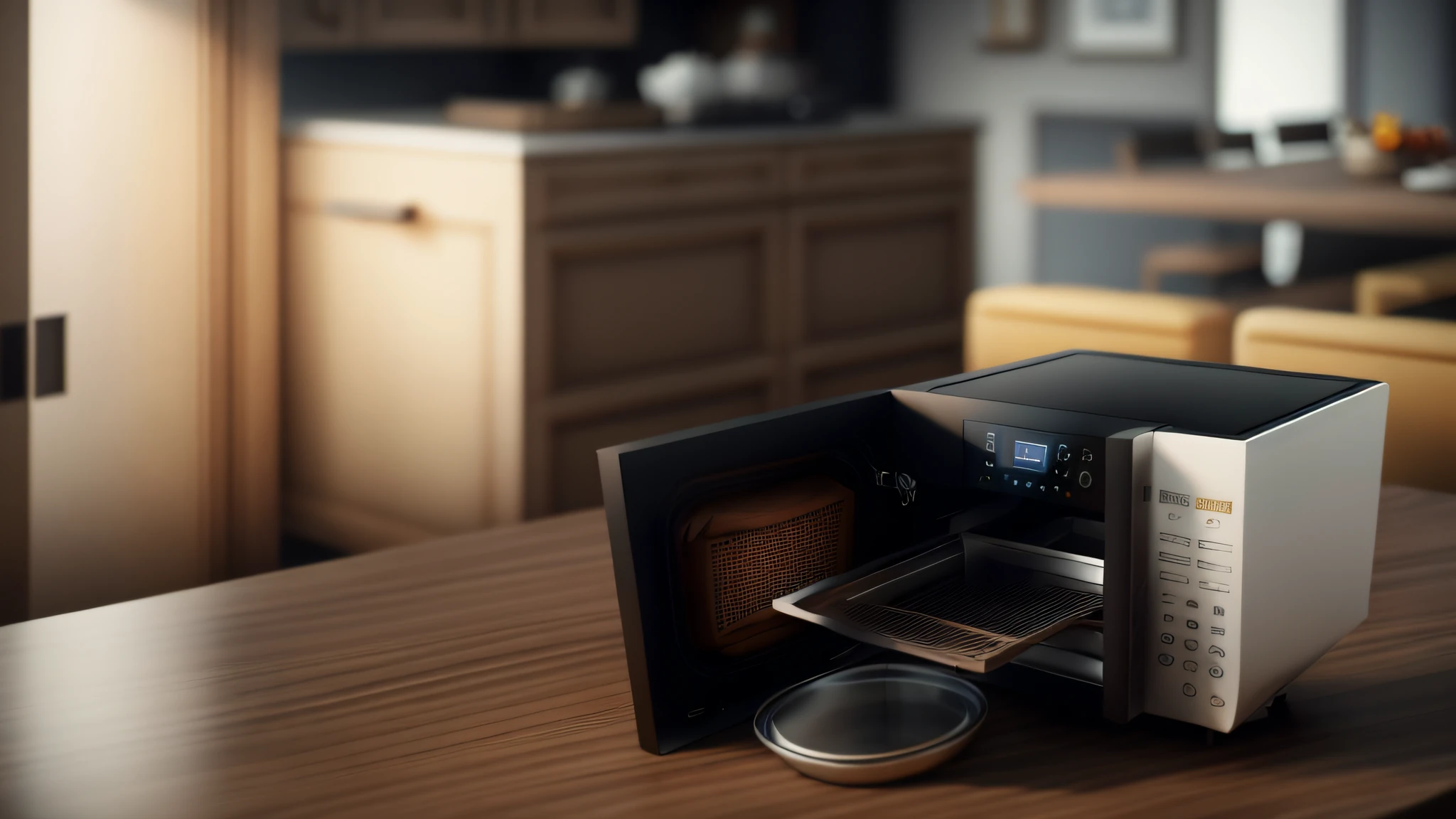 Air fryer placed on the table，Interior design of modern style, Realistic, Photorealistic, 8K, strong light on meeting table，Chiaroscuro, hyper HD, Best picture quality ,realisticlying，Foto realism，cupboard，Lens perspective blur，Bright lights，Realistic lighting，dark kitchen