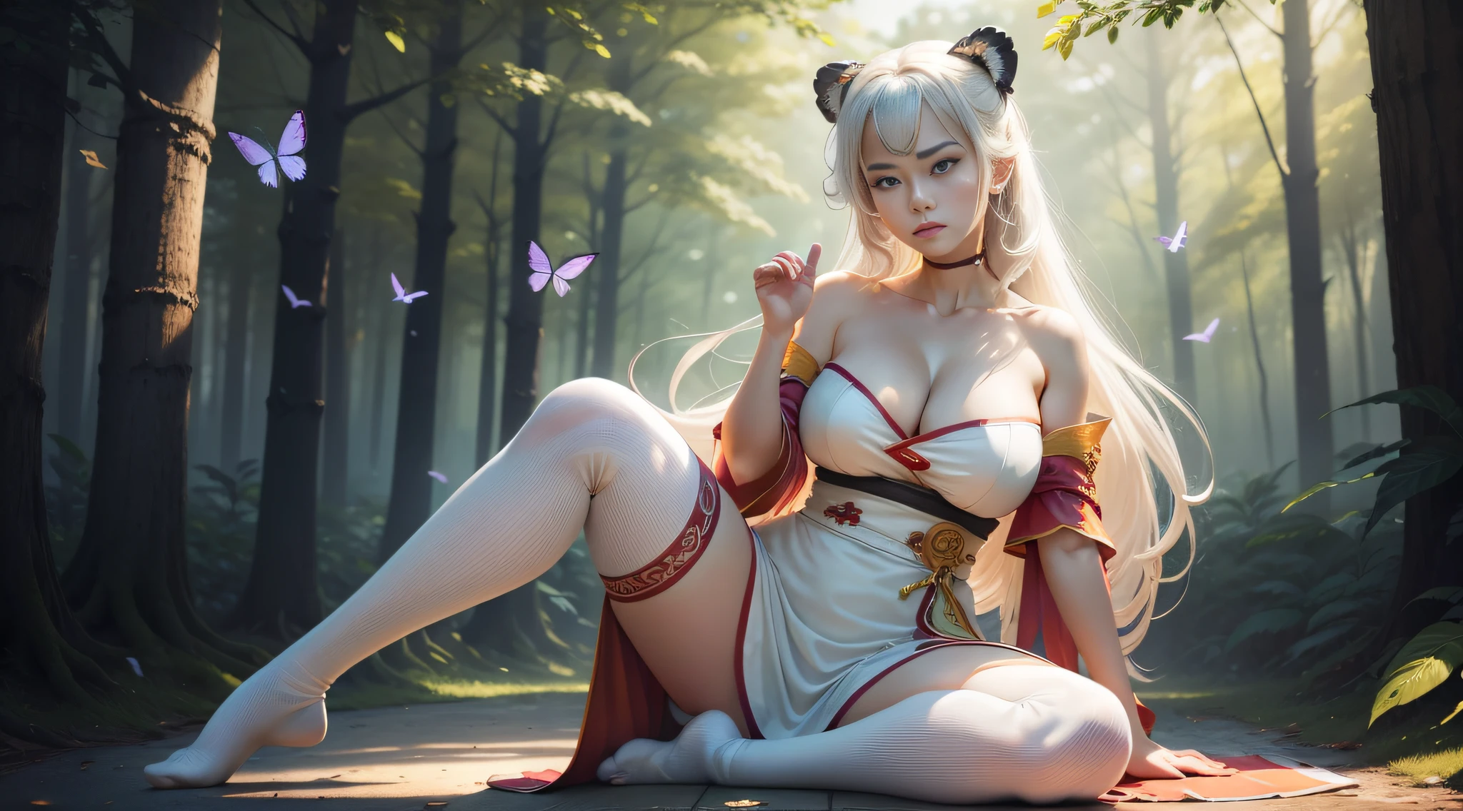 ln the forest,Colorful birds,Colorful butterflies,Big colorful trees,white dresses,Colorful woman,Extra-long, colorful hair, Colorful Hanfu, Off-the-shoulder attire,Exposed cleavage,The chest is exposed on the side,Expose the collarbone,huge tit,float,3D occlusion,realskin,realisticlying,lion dance,Practice martial arts,Sword dance,White jumpsuits,over knee socks,No shoes,Top image quality,Institutional light and shadow,Bokeh,Domineering body movements