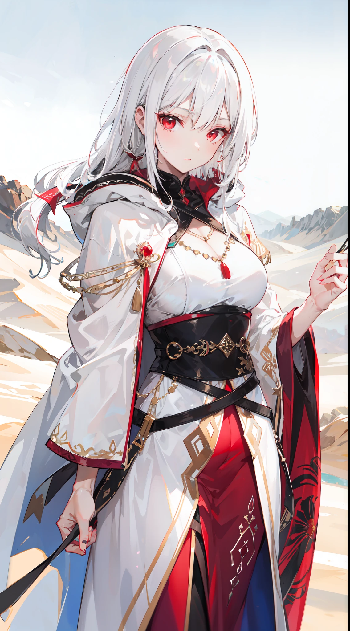 "An beautiful mature woman with long tied white hair, sharp glowing red eyes, wears white cloak in the dessert."