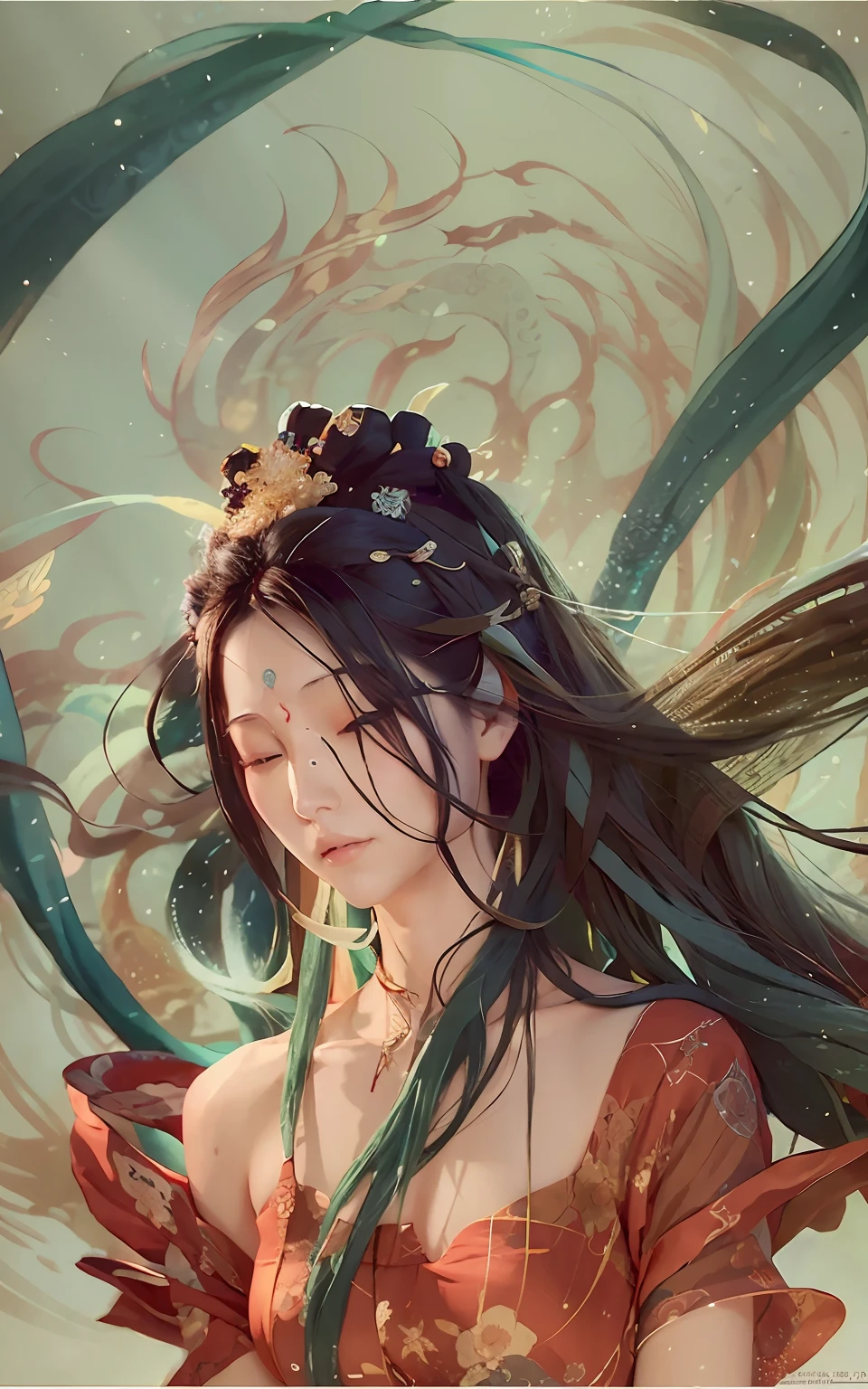 Long flowing hair，Beautiful art illustration in Dunhuang style，Li Song's digital painting style，Exudes intricate artistic inspiration，From the sleeping wolf、Guviz、Digital concept art illustration by Artgerm and Atey Ghailan，Beautiful half of the face