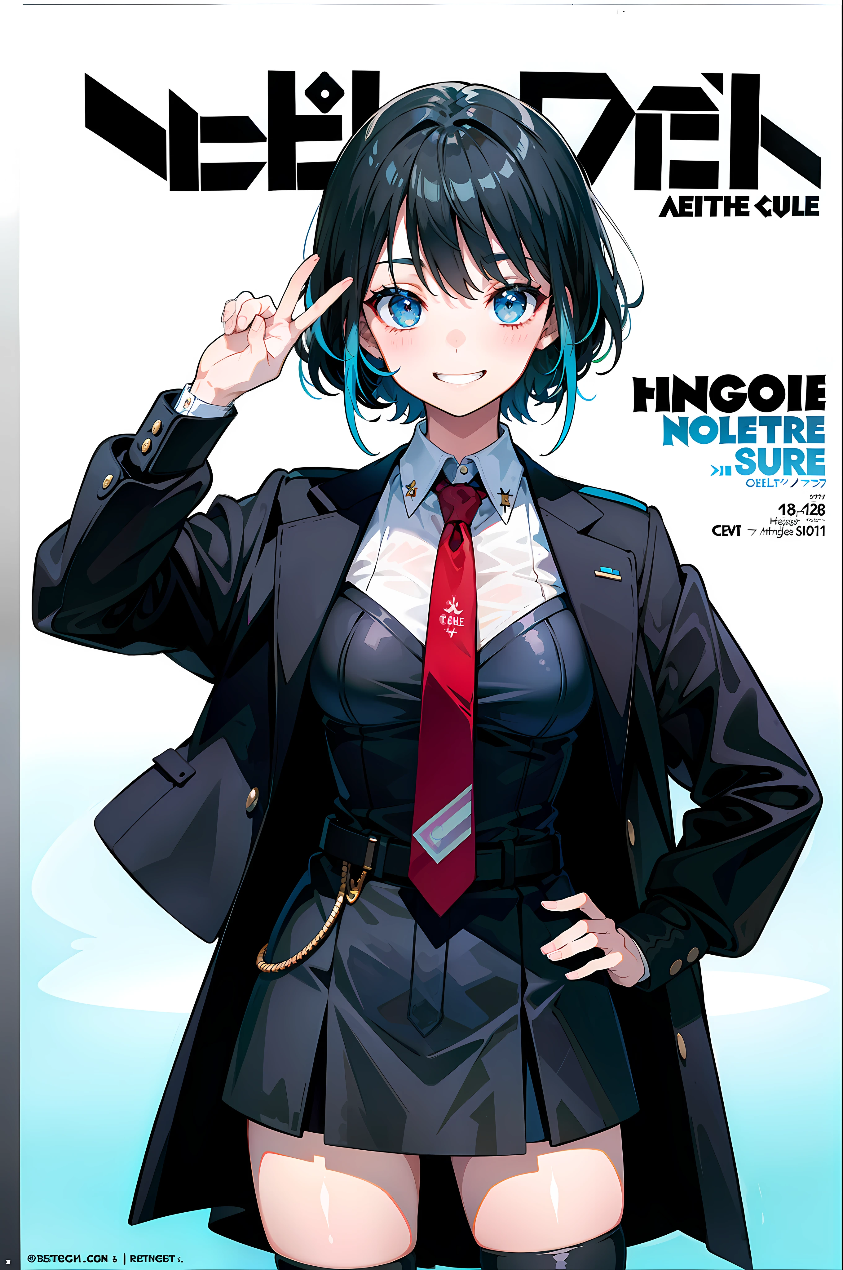 masterpiece, best quality,  full body,
1girl, female, cowboy shot, ,  eyebrows visible through hair, grin, looking at viewer,  necktie, , smile, solo, 
street, ,illustration, (magazine:1.3), (cover-style:1.3), fashionable,vibrant, outfit, posing, front, colorful, dynamic, background,  elements, confident, expression, holding, statement, accessory, majestic, coiled, around, touch, scene, text, cover, bold, attention-grabbing, title, stylish, font, catchy, headline, larger, striking, modern, trendy, focus, fashion,