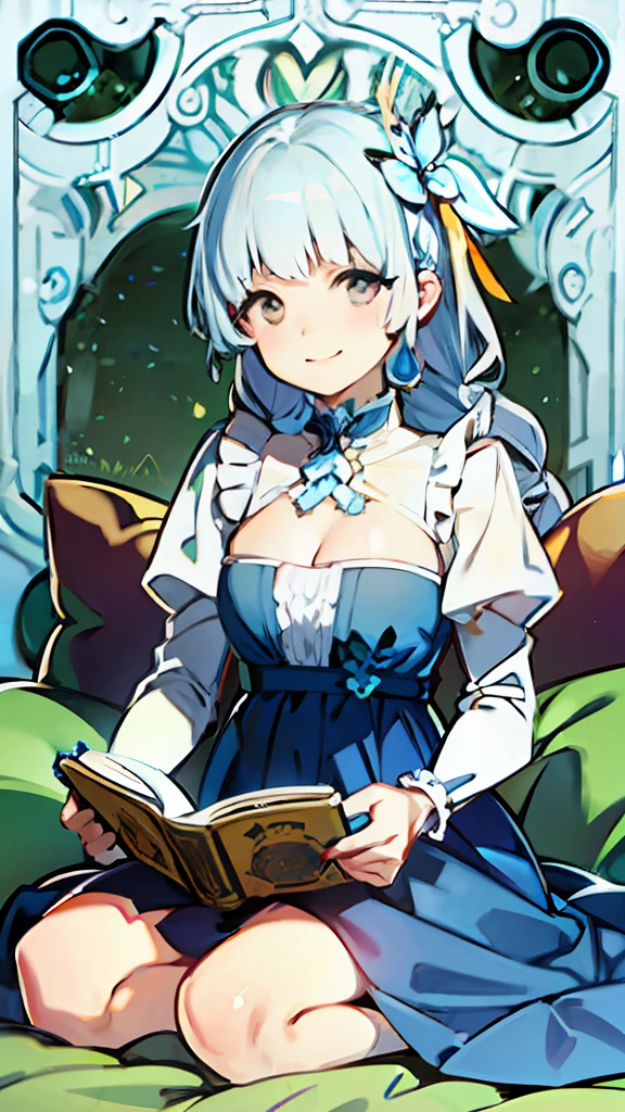 (Realistic painting style:0.9),(faux traditional media:1.0), masterpiece, best quality,bokeh, depth of field, looking to the side, kamisato ayaka (springbloom missive), kamisato ayaka, official alternate hairstyle, official alternate costume, blunt bangs, butterfly hair ornament, hair flower, blue dress, 1girl,girl sitting on a futon,butterfly, grey eyes, flower, hair ornament, light blue hair, outdoors, solo, sky, blue nails, cloud, bangs, long sleeves, holding, looking at viewer, blue butterfly,braid, dress, day, blue sky, breasts, medium breasts, cloudy sky, blush, index finger raised, blue flower, smile, closed mouth, holding open book,tarot,green background,