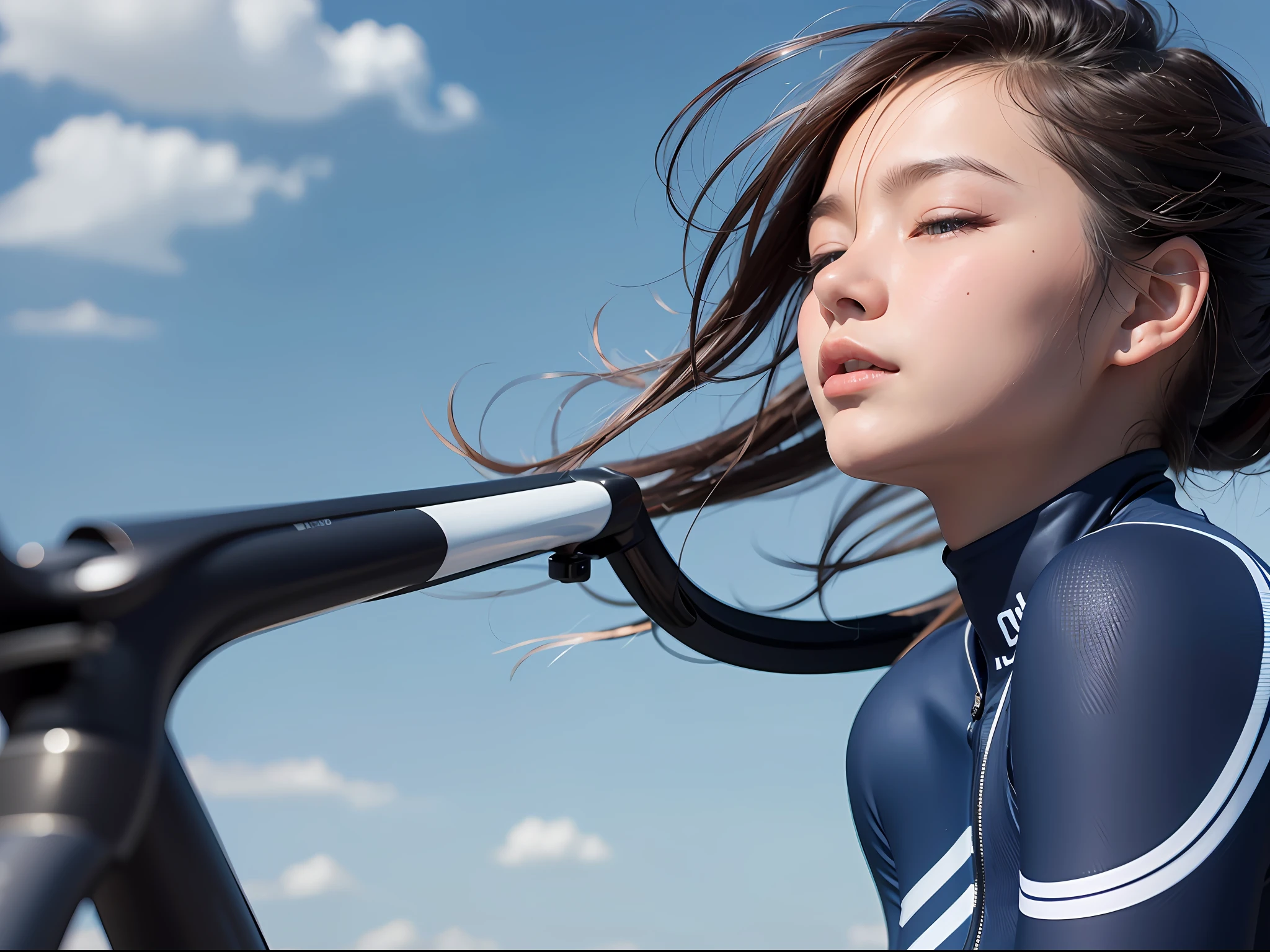 8K、Top image quality、​masterpiece、17 age、1little girl、bobhair、Cycling Clothing、(Close one eye:1.5)、blue-sky、Ride a bike and feel the wind、Expressing the speed and dynamism of a bicycle、a closeup