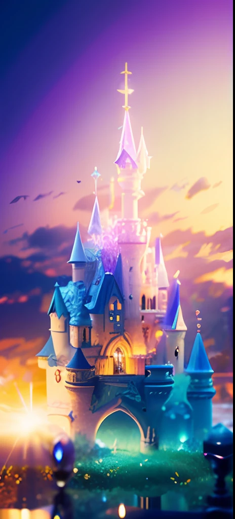 Inside the circular glass ball, there is a beautiful dreamy castle with a crystal transparent texture,bubblerealm art