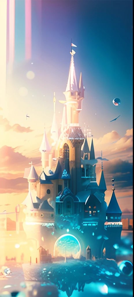 Inside the circular glass ball, there is a beautiful dreamy castle with a crystal transparent texture,bubblerealm art