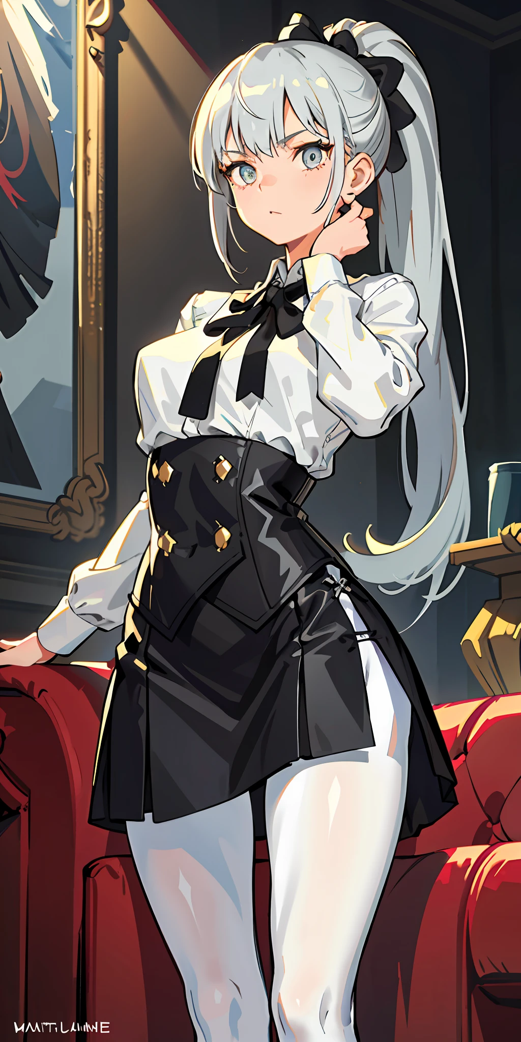 1 girl! Ray tracing, best shadows, highest resolution (dim lighting) detailed background (living room) fluffy silver hair, plump and slender girl, high ponytail in the ominous living room avoiding golden eyes (girl wearing white shirt, black wrinkled skirt, with black transparent pantyhose) showing a delicate slim figure and graceful curves, the position is correct and reasonable limbs! Put your hands behind your head, your fingers slender and slender! Dignified standing, facial details! The facial features are more delicate! Pay attention to the details of the position of the legs! Pay attention to hand details! Highest quality! More eligible! Reduce mistakes! The painting is more fine, ultra-detailed CG, and the picture is more reasonable! Add finger detail! Masterpiece, double eye details! Facial details optimized, limit the number of fingers! Finger optimization! Dynamic angles, intricate details: 1.2, clear focus, exquisite functionality! 8K wallpaper, top illustration, depth of field, delicate eyes, complete hands, no extra limbs