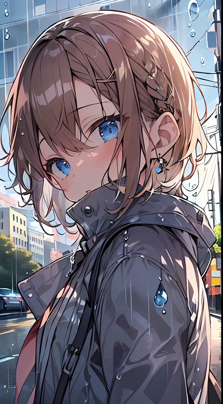 masutepiece, Best Quality,Illustration, Wallpaper, Ultra Detail, absurderes, 1girl in, Solo, (Medium short hair、short braided hair), Beautiful detailed eyes, rainfall、water dripping、wetting hair , Looking to the side, (Street:1.5), Cloudy sky、Bright scenery