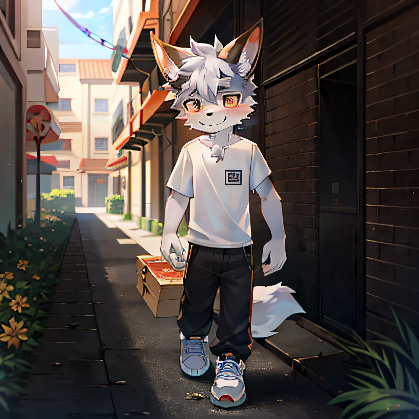 coyote，schoolboy，Cubs，Fluffy，largeeyes，Big head，Walking upright，male，boy，White T-shirt，Black pants，Telematic shoes，On the run，夏天，Hairless，All over fluffy，Cute face，Meat paws，Lens cuts，gray wolf