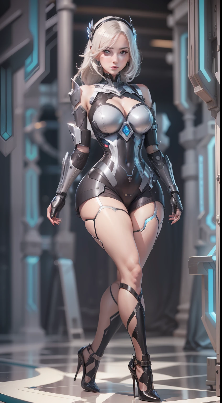 Suggestive pose, Flirting smiles, female robot, Mother synthetic, future-tech, mechanical sense, Strong metallic texture, Intense metallic luster, huge tit, Big breasts Thin waist, Giant buttocks, Thick thighs,Must be a full-body image, There must be only one person in the whole picture, A pair of high heels must appear in the picture, A pair of legs must appear in the picture, Extra-long gloves must be worn, Extra long stockings must be worn, High heels must be worn, It is forbidden to appear men, heart in eye, seductive smile, crystal earrings, forehead jewel, ta hairband, hair strand, offcial art, ray tracing, from below, chiaroscuro, cinematic lighting, high detail, tachi-e, UHD, masterpiece, ccurate, anatomically correct, super detail, textured skin, high details, high quality, best quality, highres, 16k, UHD