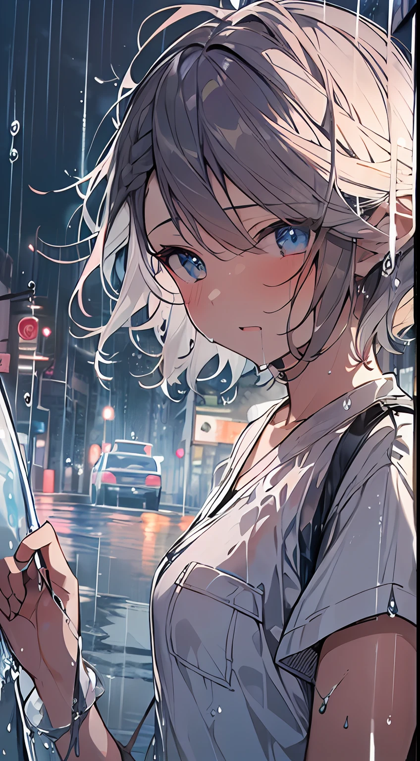 masutepiece, Best Quality,Illustration, Wallpaper, Ultra Detail, absurderes, 1girl in, Solo, (Medium short hair、short braided hair), Beautiful detailed eyes, rainfall、water dripping、wetting hair , Looking to the side, (Street:1.5), Cloudy sky、Bright scenery